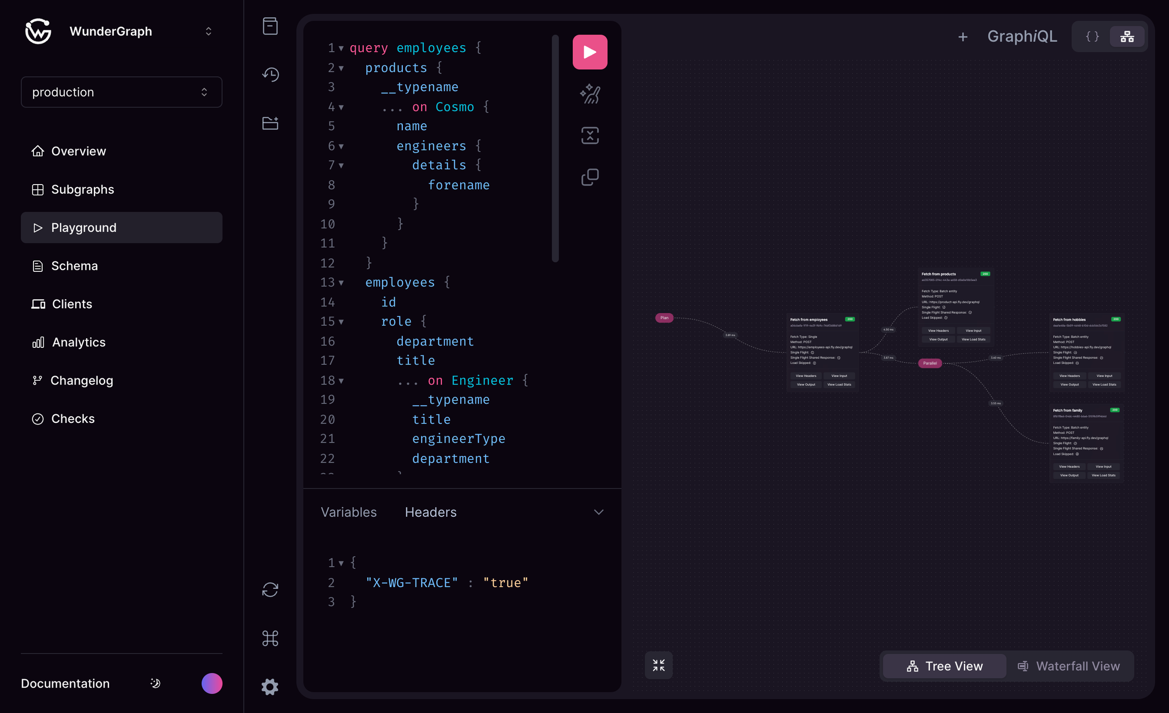 Employee query in GraphiQL playground GraphiQL playground employee query with data visualization in WunderGraph