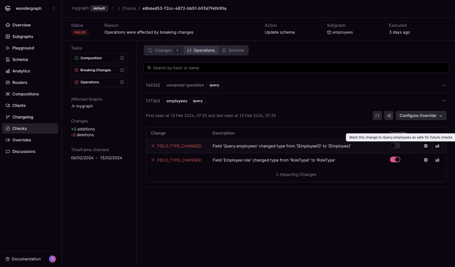 Failed schema update affecting Query.employees Failed schema update with two changes, one affecting Query.employees field