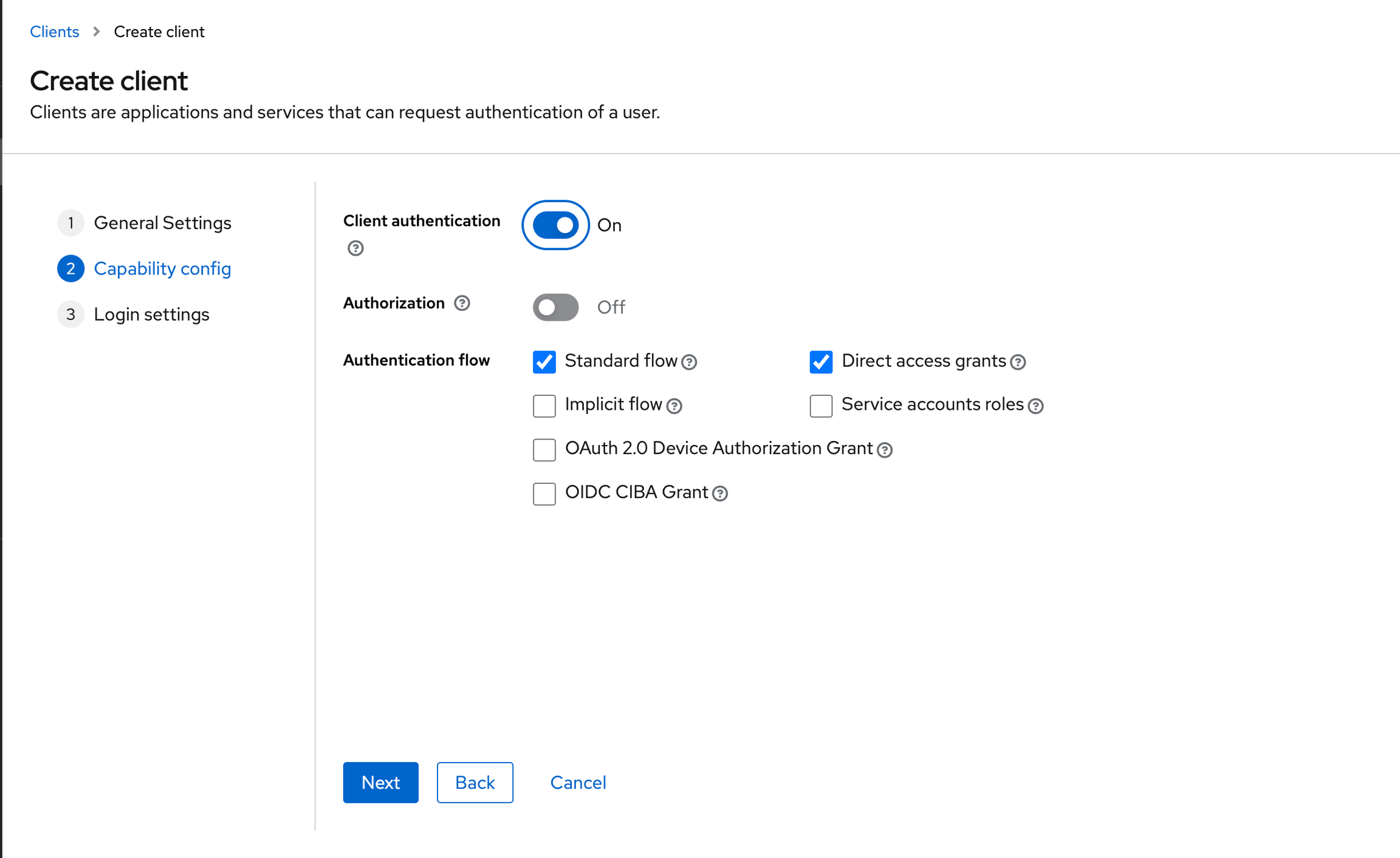 Create client settings overview Create client page in Cosmo Docs with client authentication on and authorization off