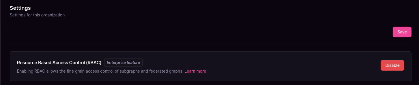 RBAC settings with enable option RBAC settings page showing enable or disable toggle option in organization settings