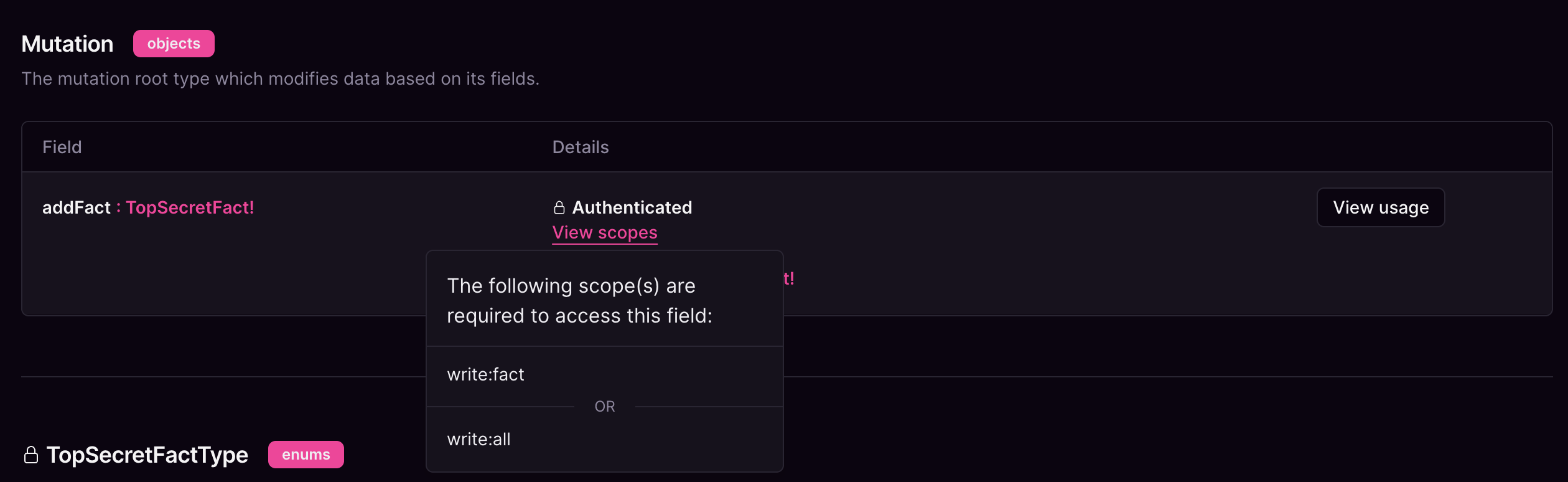 Mutation scopes — addFact Cosmo Studio Mutation view with addFact field requiring authentication scopes write:fact or write:all.
