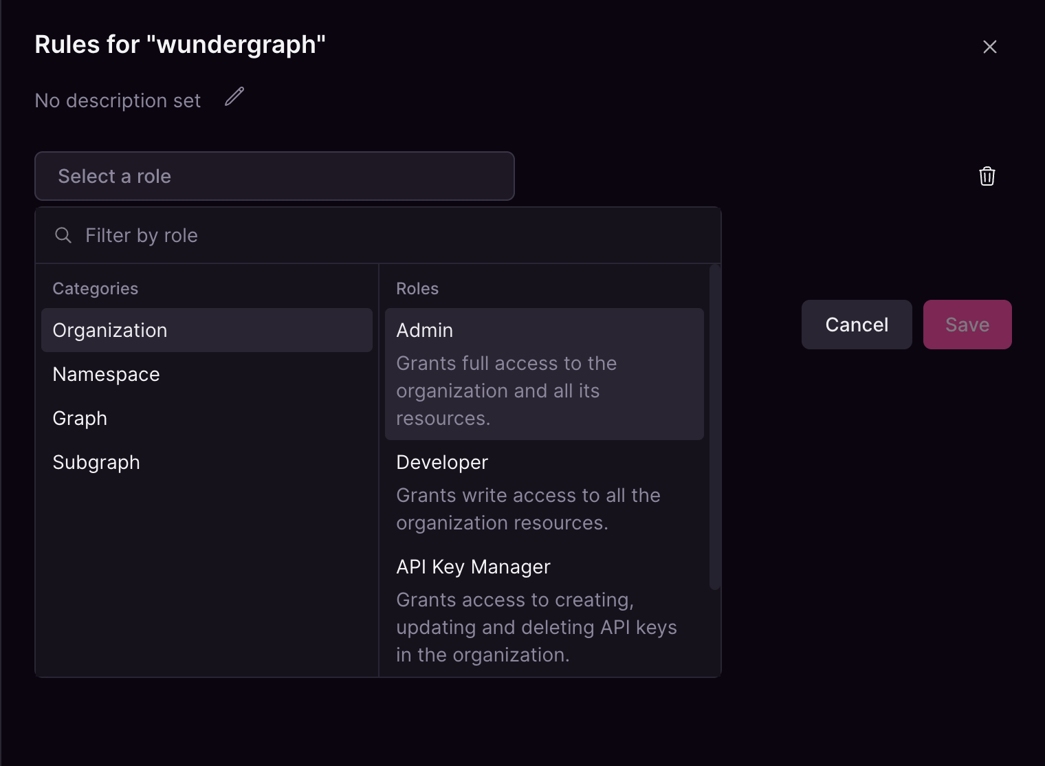 Selecting user role for wundergraph Cosmo Studio role selector for a group showing organization roles like Admin, Developer, and API Key Manager.