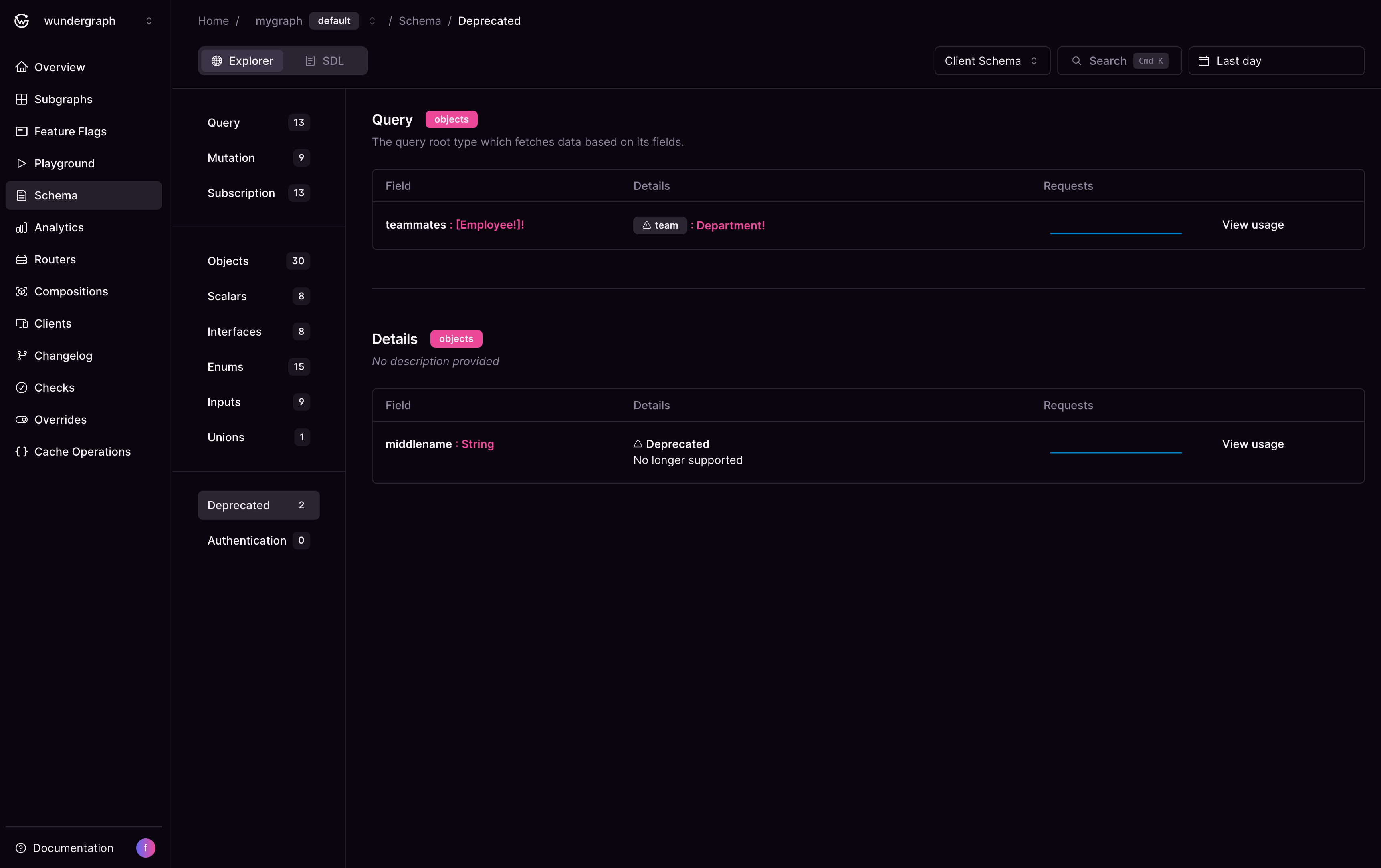 Deprecated fields in Cosmo Studio schema explorer Cosmo Studio schema view showing deprecated fields teammates query and middlename string marked as no longer supported.