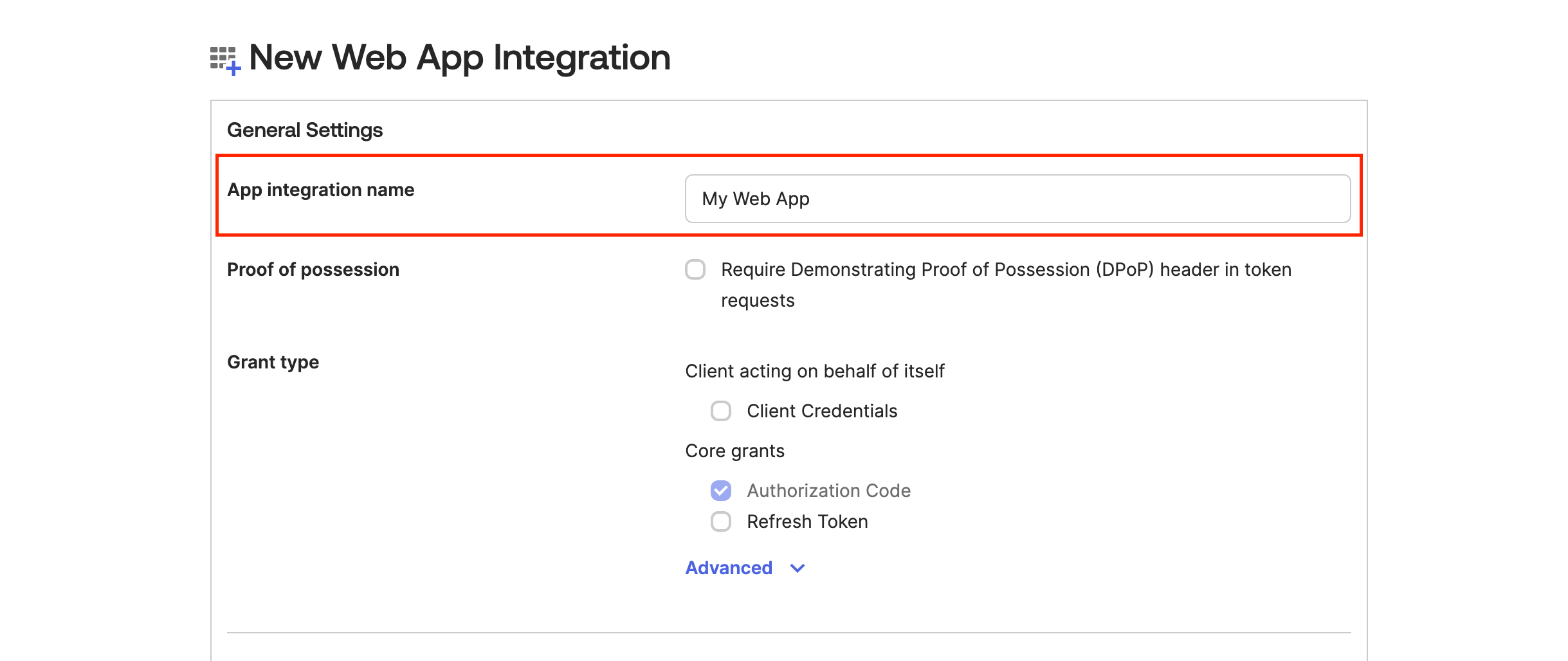 App integration name settings Web app integration settings showing App integration name field set to My Web App