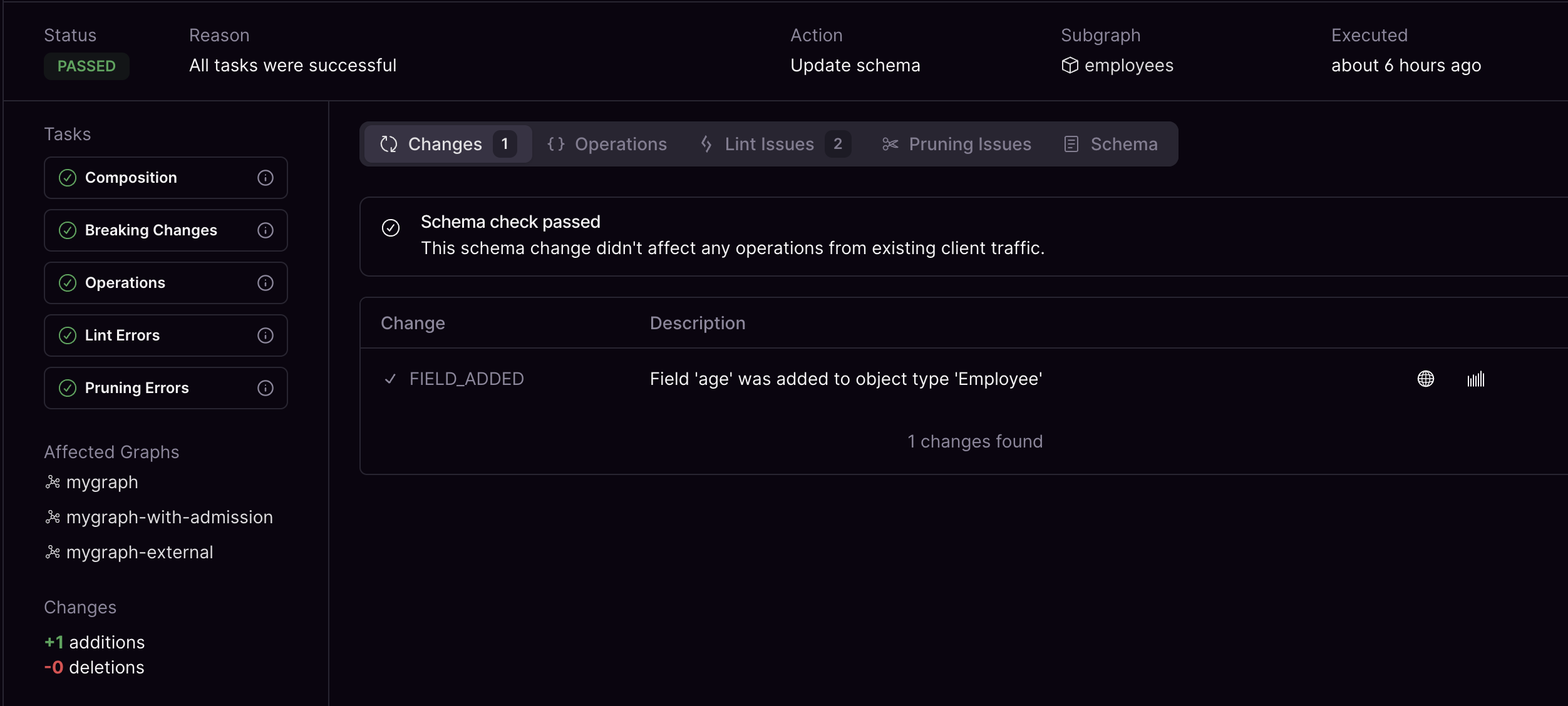 Successful schema update with one addition Cosmo Studio schema check view showing a successful update with one field addition and no deletions.