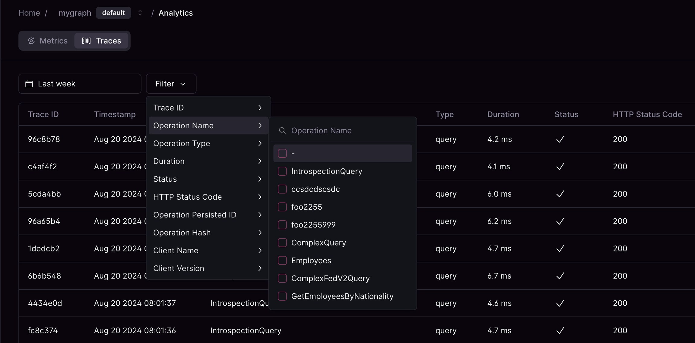 Trace list with operation metrics Trace list with operation metrics