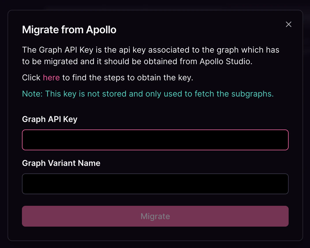 Apollo migration page with API key fields Cosmo Docs migration modal showing Graph API Key and Variant Name fields