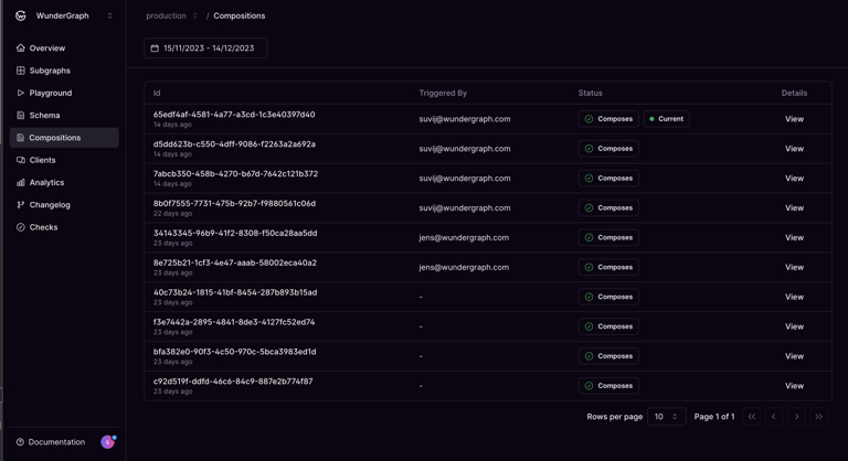 Compositions list with Composes status Cosmo Docs compositions list with green Composes status icons