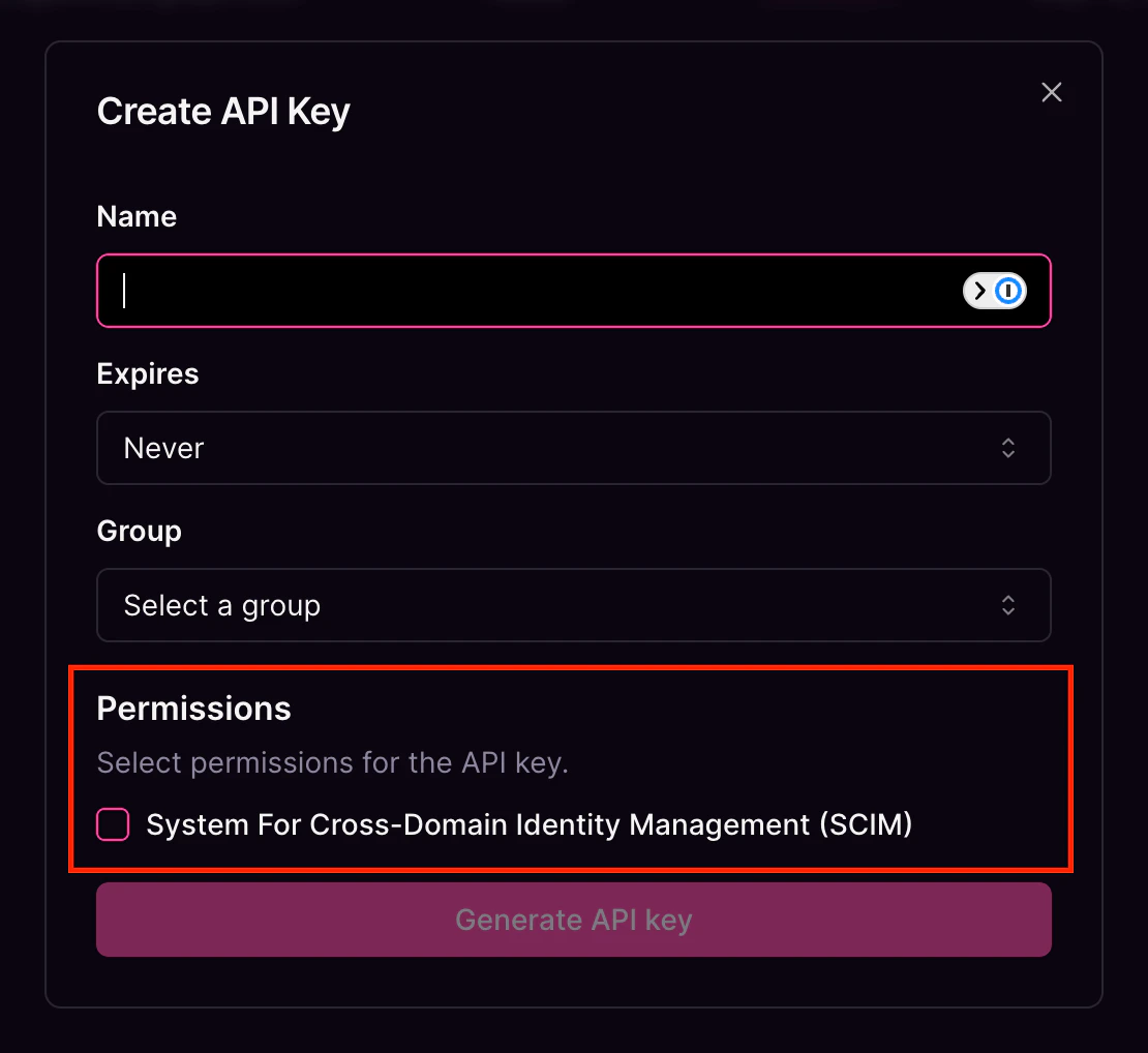 Create API Key dialog Cosmo Studio Create API Key dialog showing fields for name, expiry, group, and a permissions section for SCIM.