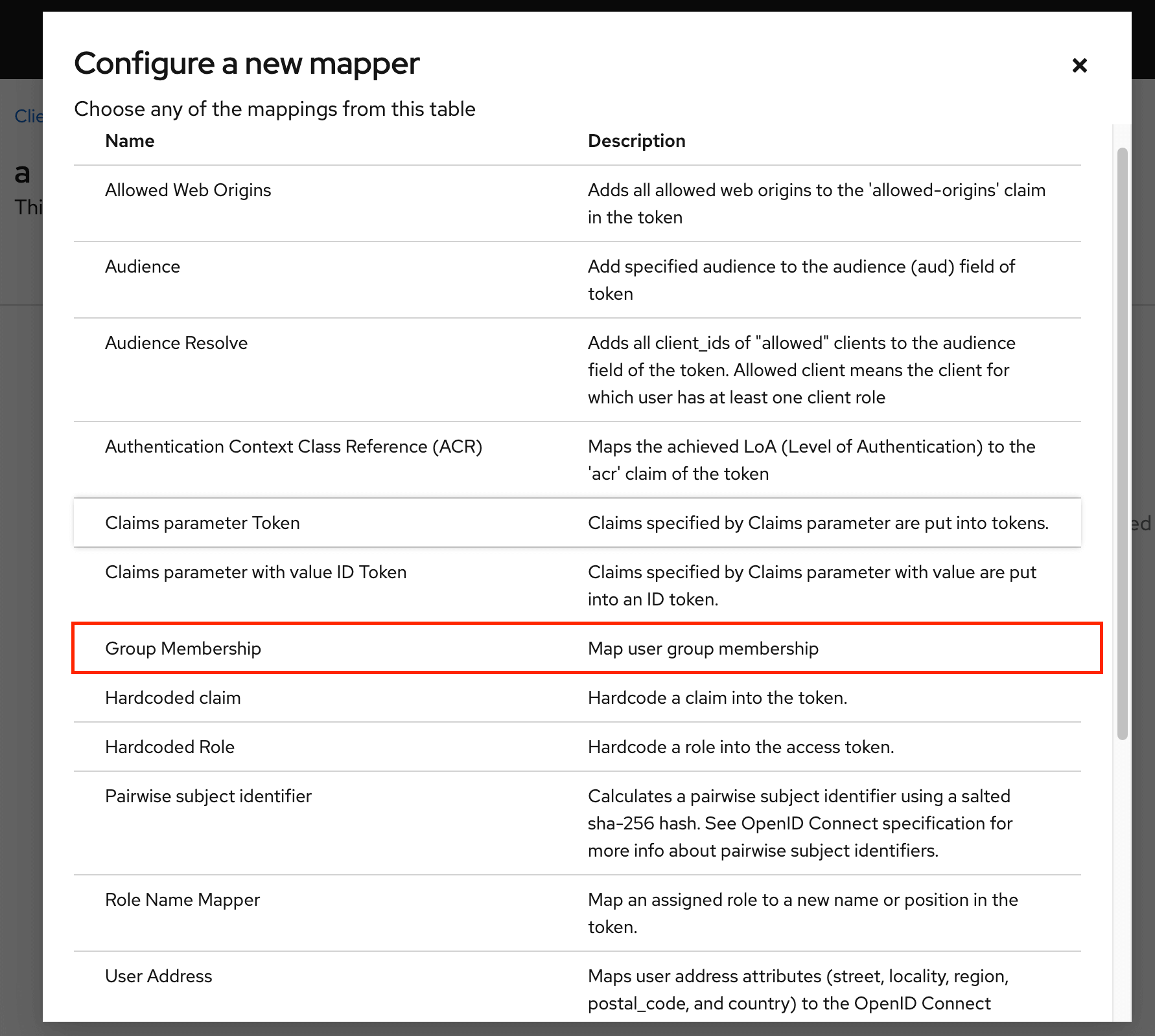 Group membership mapper configuration Configure new mapper dialog with Group Membership option for token mapping