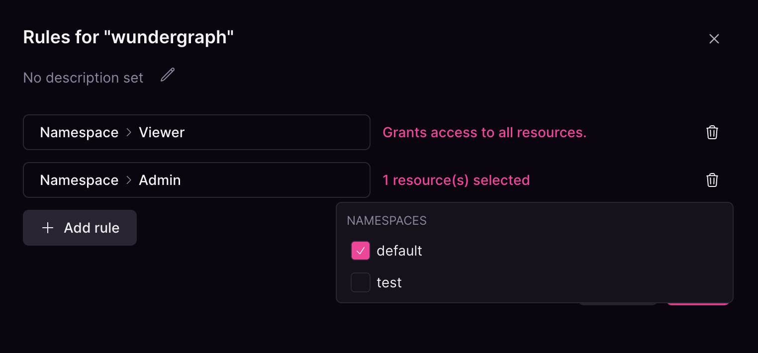 Wundergraph rule without description Cosmo Studio group rule editor showing roles for wundergraph without a description or namespace assigned.