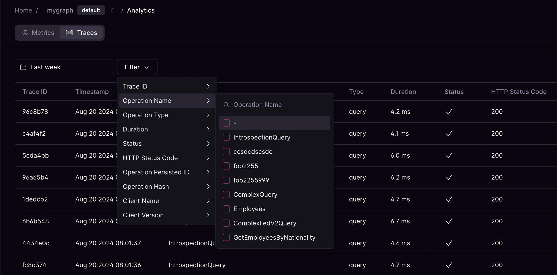 Trace list with operation metrics Trace list with operation metrics