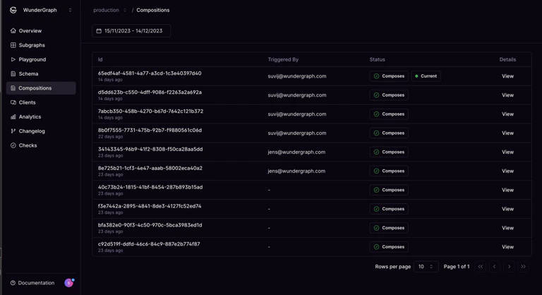 Compositions list with Composes status Cosmo Docs compositions list with green Composes status icons