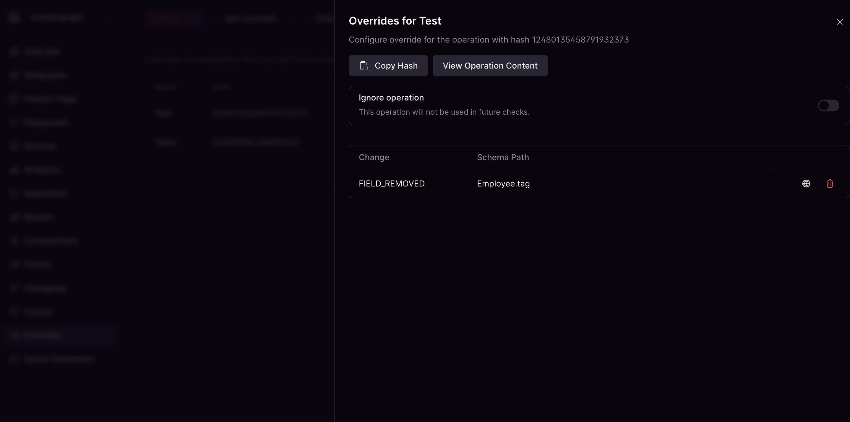 Operation overrides configuration Overrides configuration with ignore operation toggle and change overrides list
