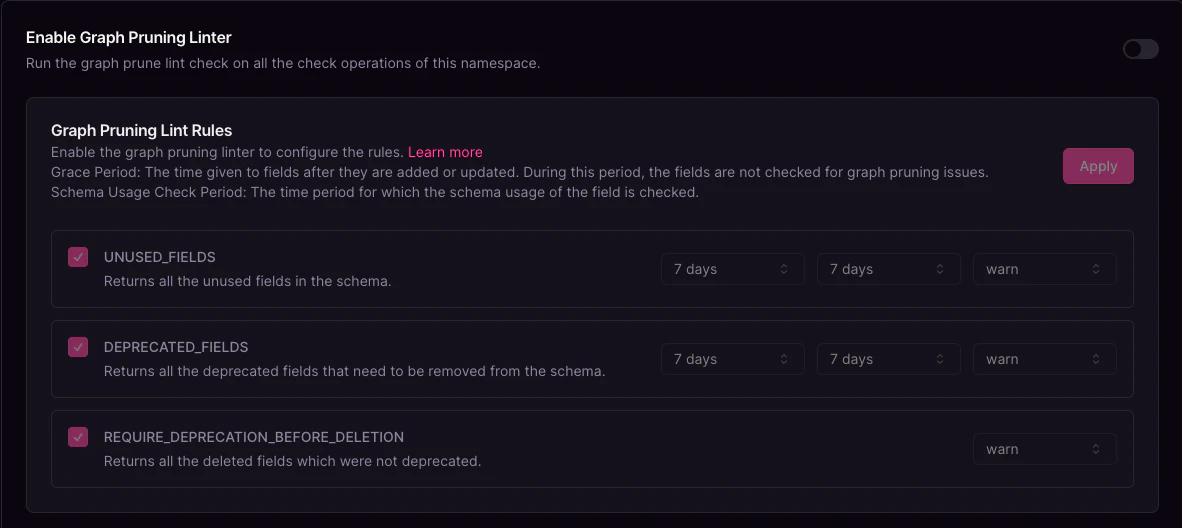 Graph Pruning Lint Rules Overview Cosmo Studio Graph Pruning Linter interface showing rules for unused, deprecated, and deleted fields with severity and period settings.