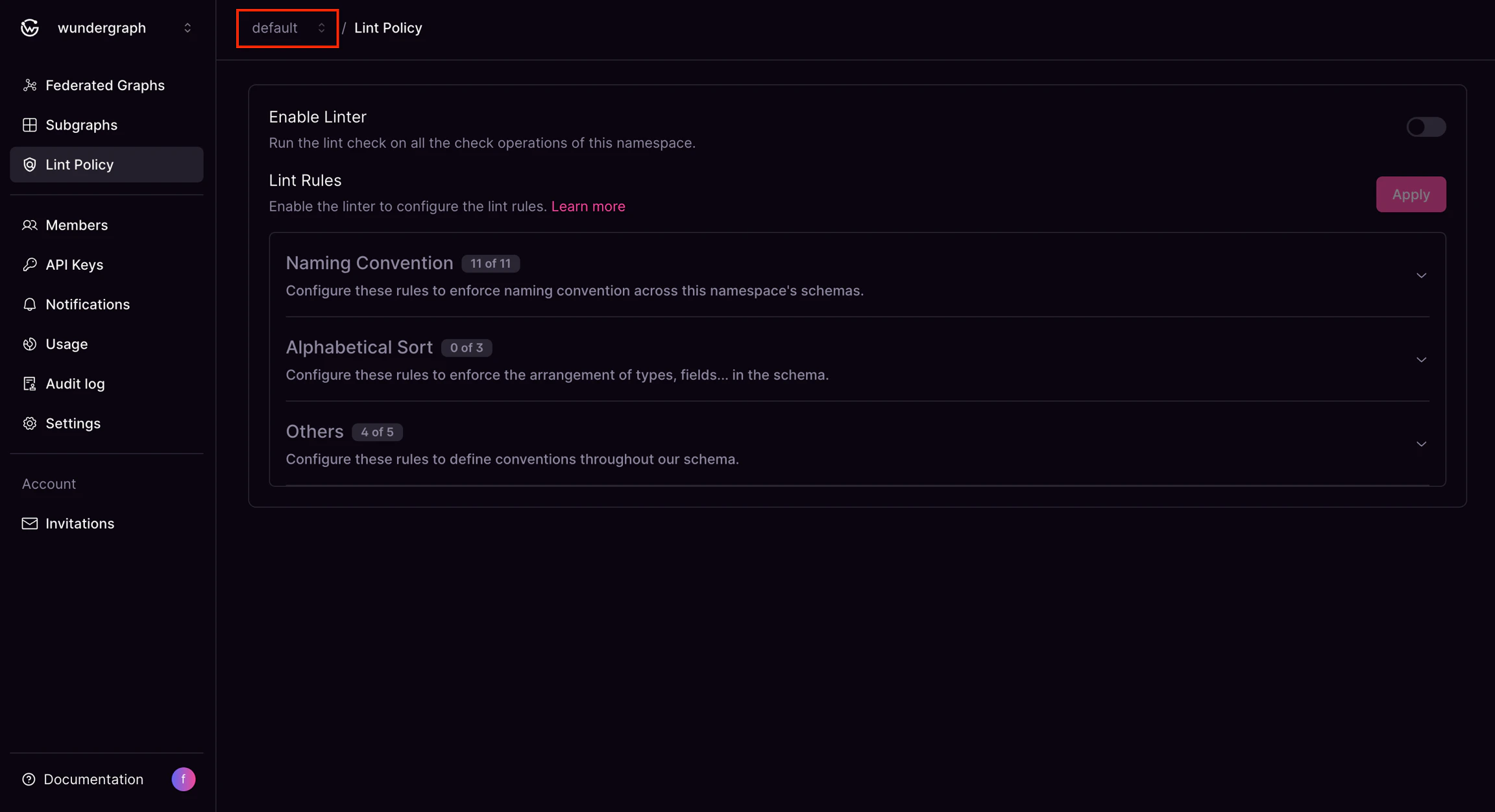 Lint Policy default tab active Lint Policy section showing Default tab selected and Apply button available