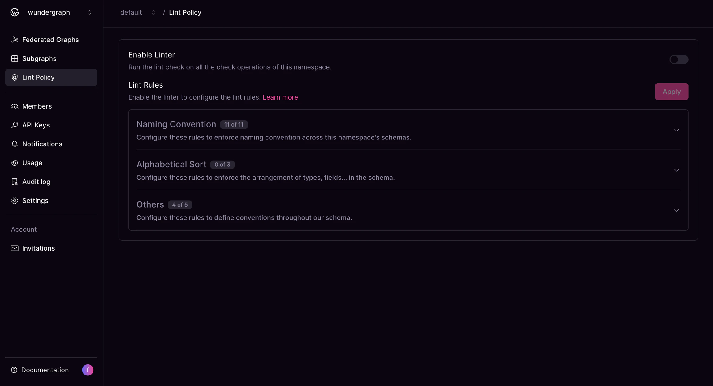 Lint Policy enabled with Apply option Lint Policy section showing Linter enabled and Apply button in Cosmo Docs