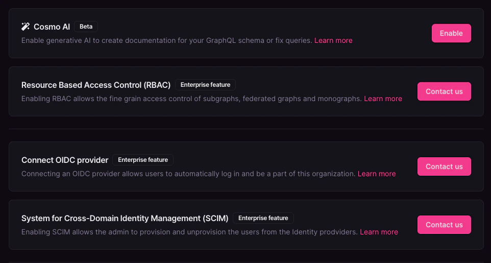 Organization settings with AI and RBAC Organization settings with options for generative AI documentation and RBAC controls
