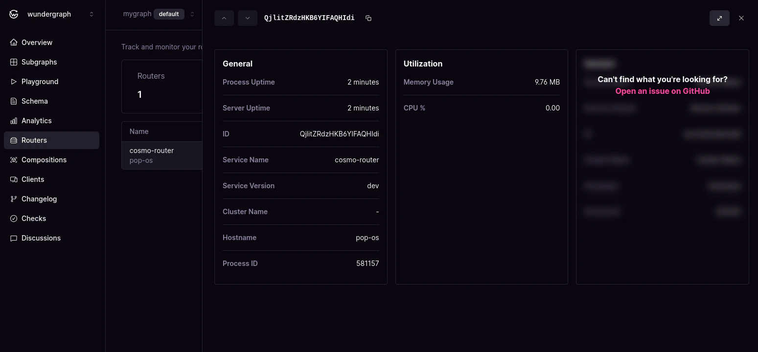 Router details with uptime and CPU stats Router details view showing uptime, memory, and CPU usage in Cosmo Docs