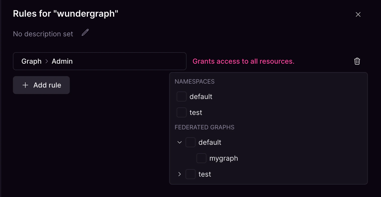 Rule granting full access to resources Cosmo Studio graph resource selector showing default and test namespaces with full access permissions.
