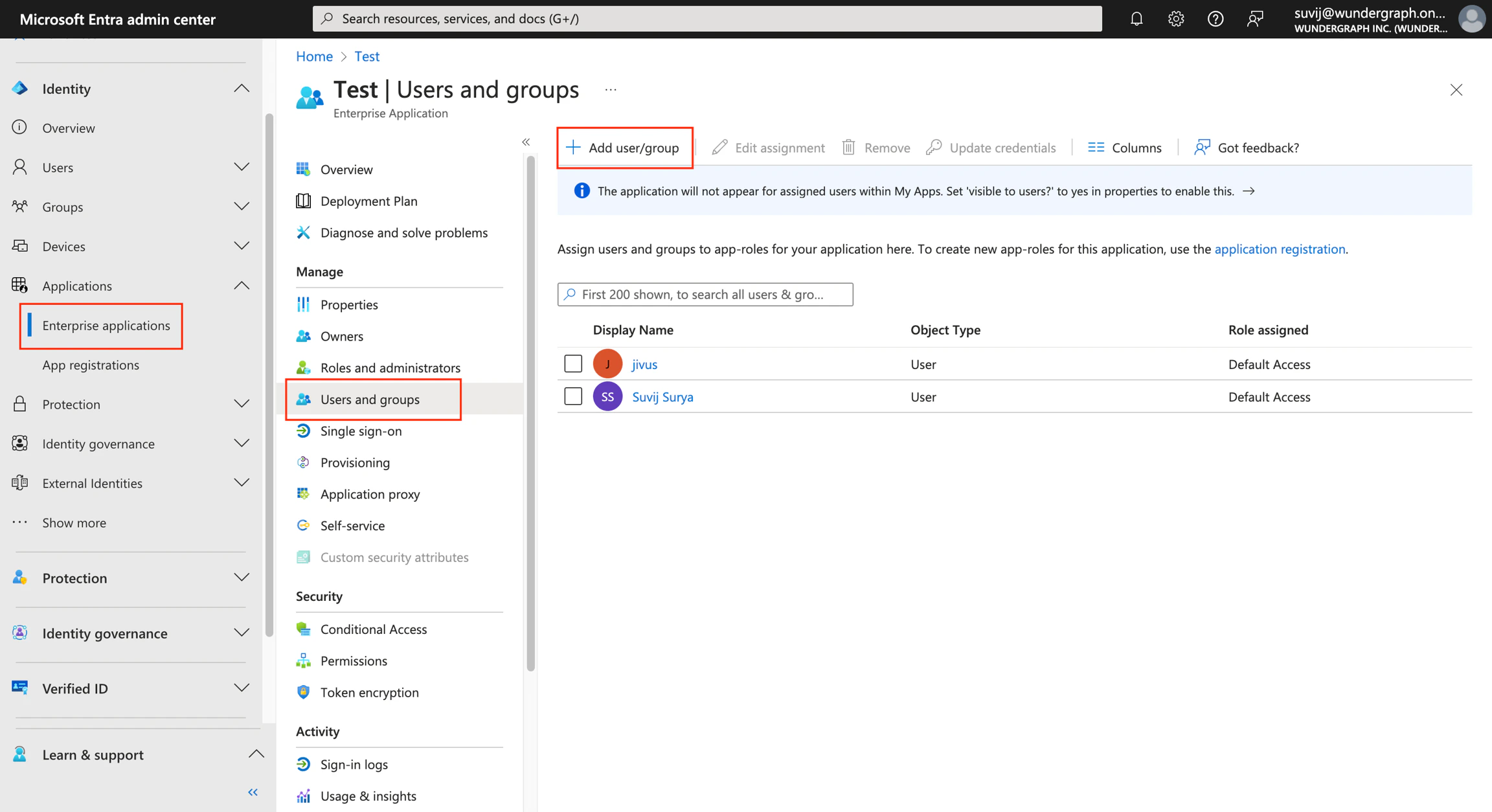 Add user or group in Entra Microsoft Entra Users and groups section showing Add user/group button