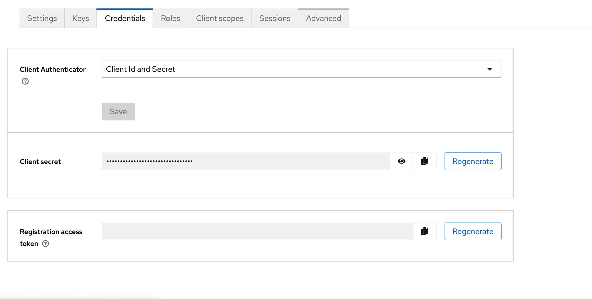 Client Authenticator with ID and secret Client Authenticator settings showing client ID, secret, and regenerate option