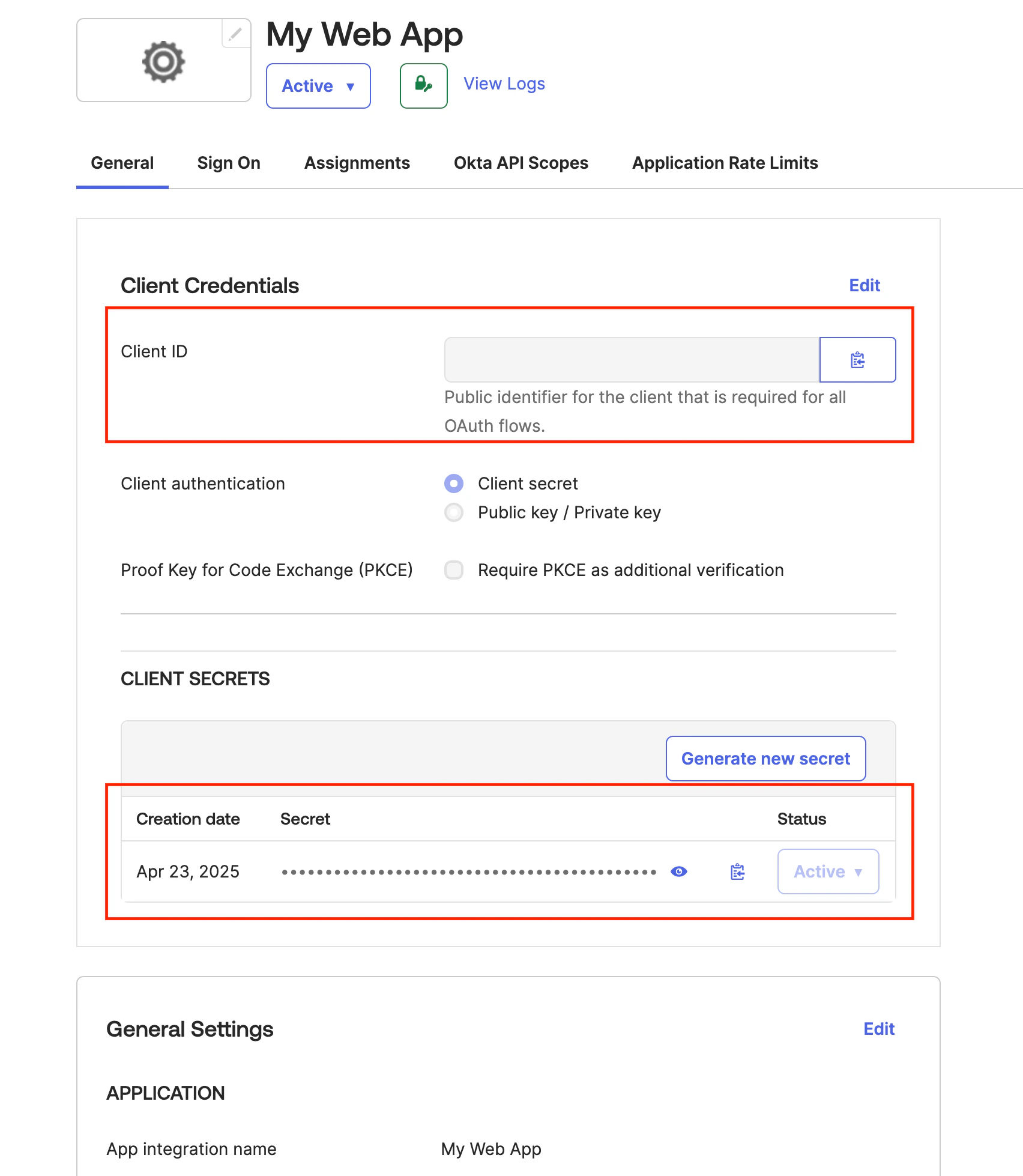 Client credentials editing view Client Credentials section editing client ID for OAuth flows