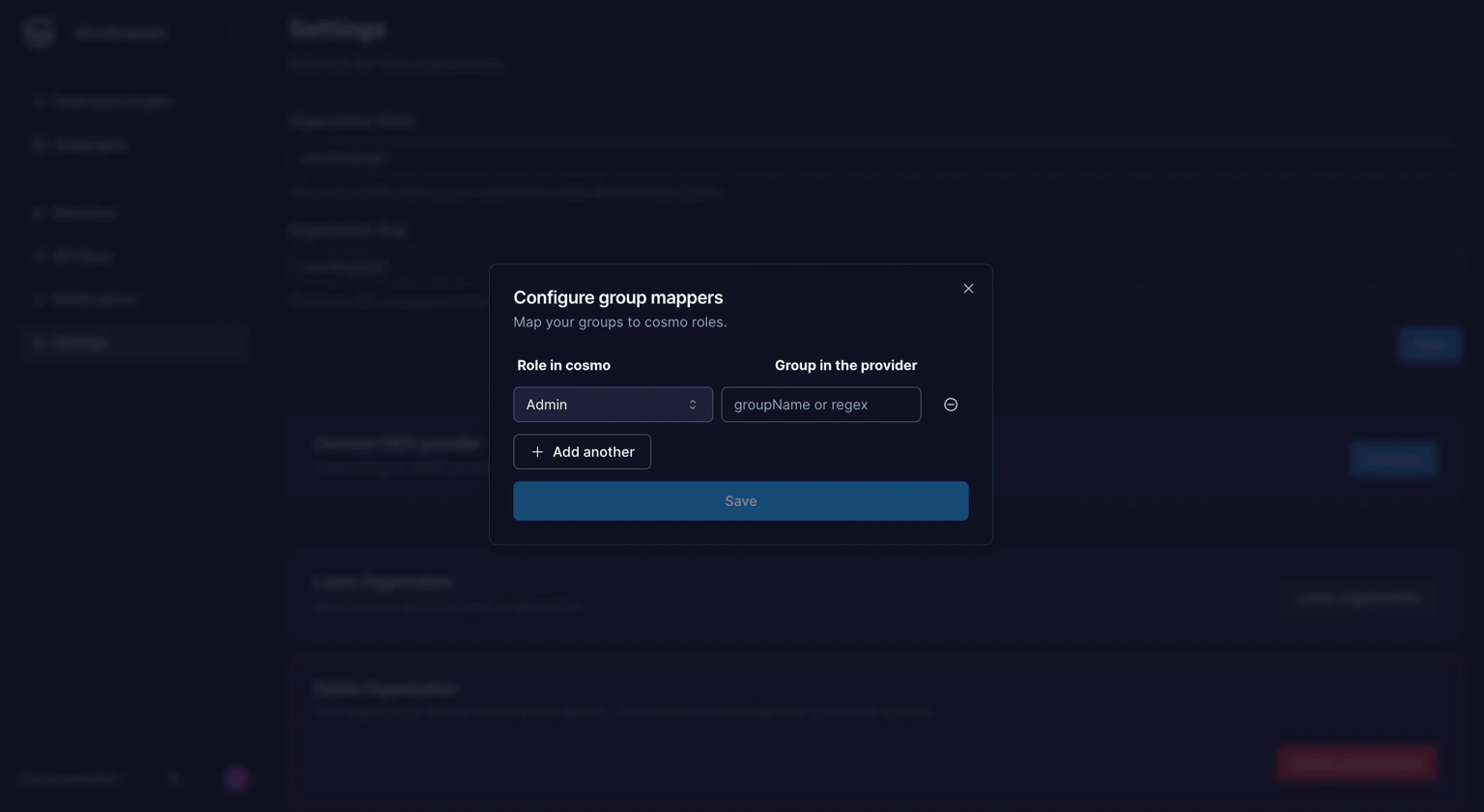 Configure group mappers for roles Group mapper configuration showing Cosmo role and provider group fields