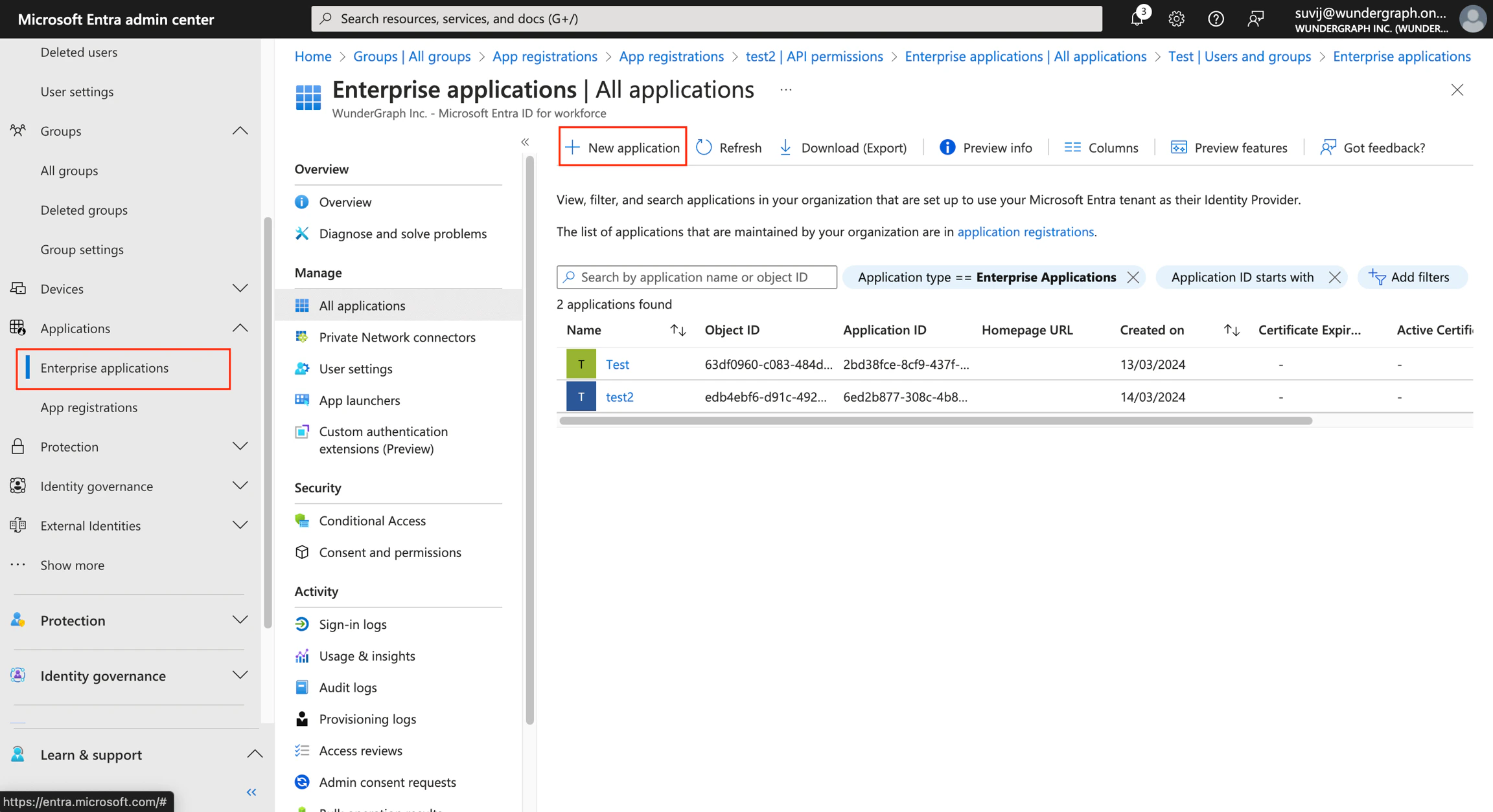 Create new app in Microsoft Entra Microsoft Entra admin center with Enterprise Applications and New Application button
