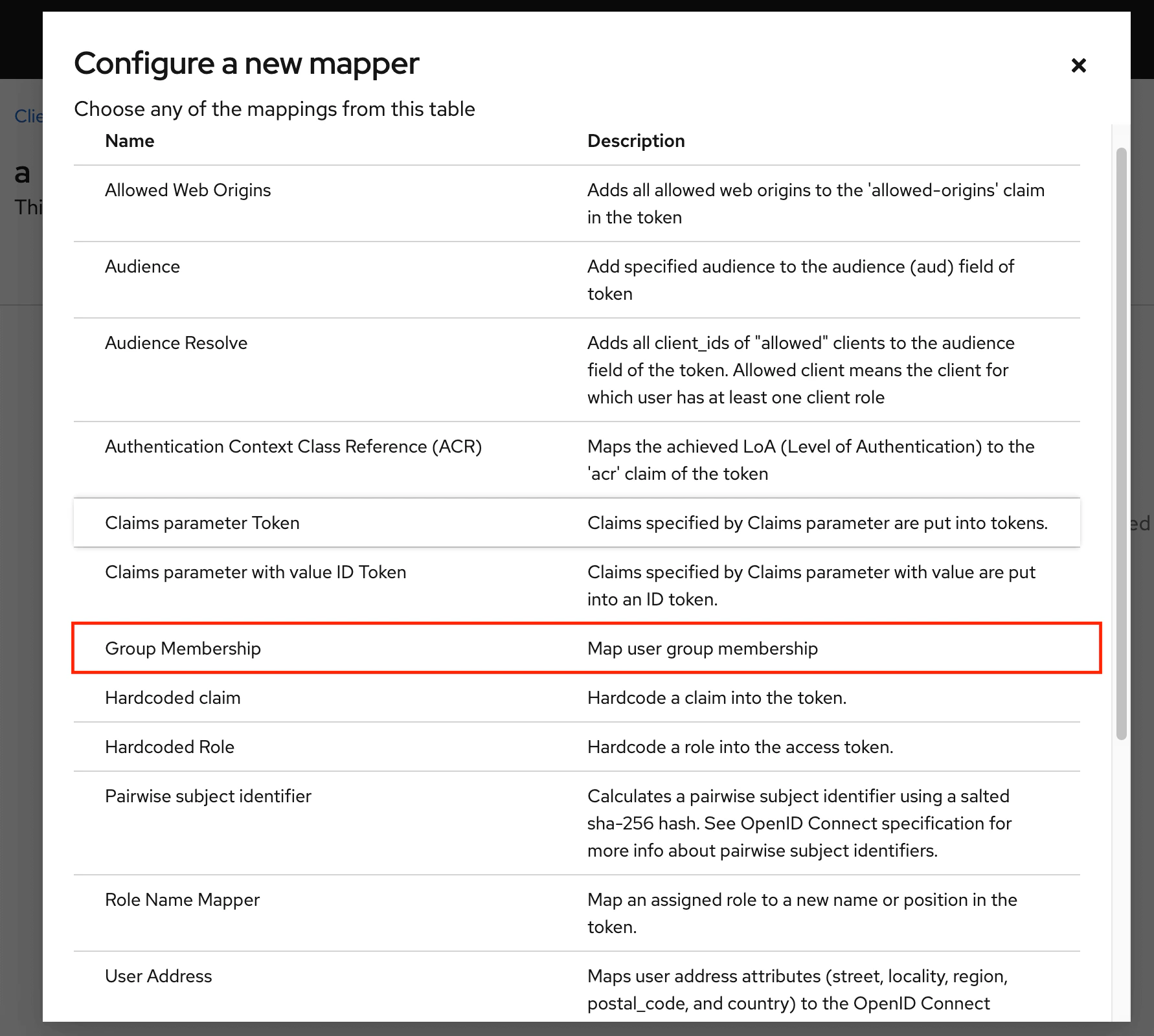 Group membership mapper configuration Configure new mapper dialog with Group Membership option for token mapping