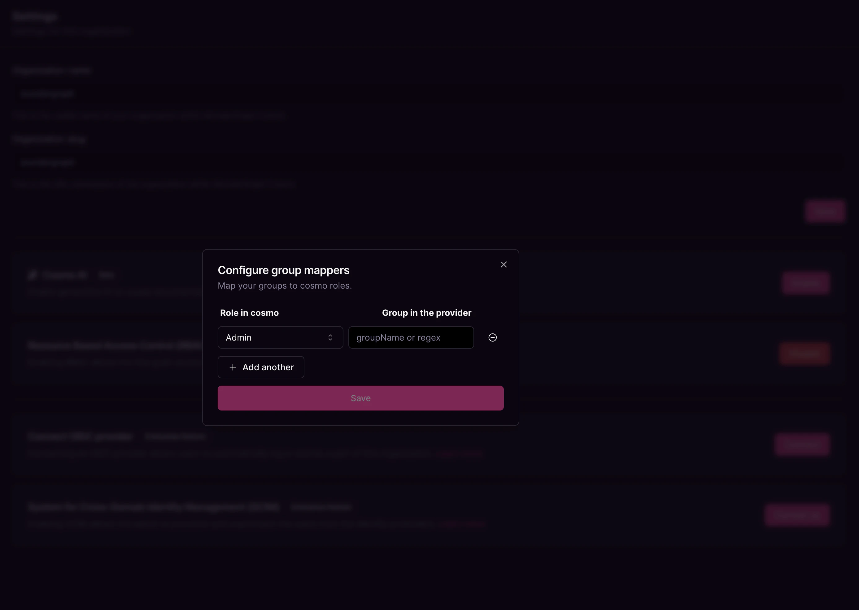 Group-to-role mapping dialog Group mapper configuration dialog linking provider groups to Cosmo roles