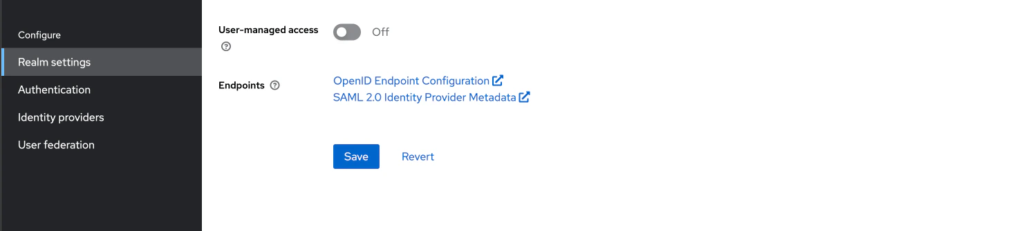OpenID and SAML metadata settings OpenID and SAML metadata settings with user-managed access turned off