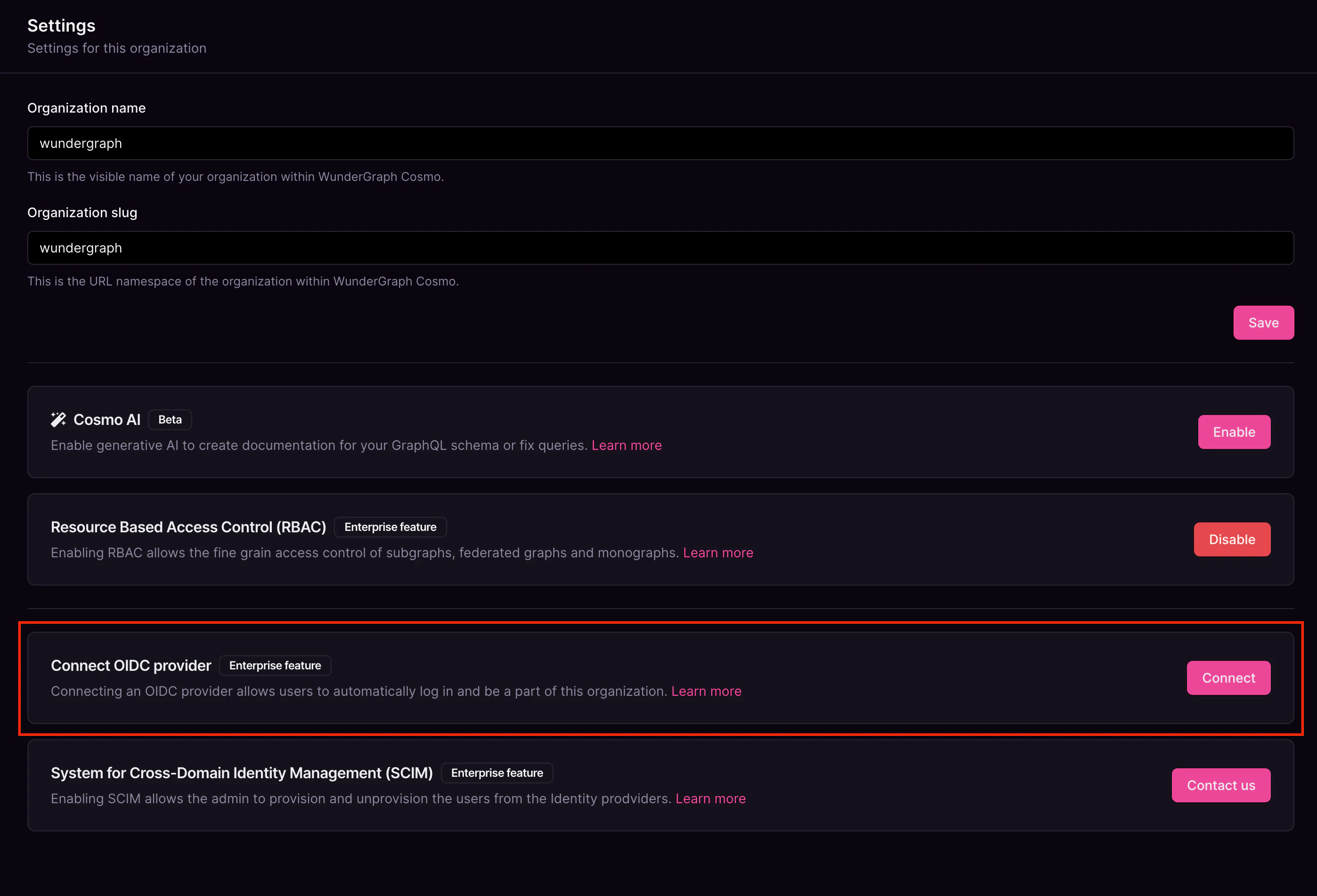 Organization settings with AI, RBAC, SCIM Organization settings showing name, slug, and status of AI, RBAC, and SCIM features