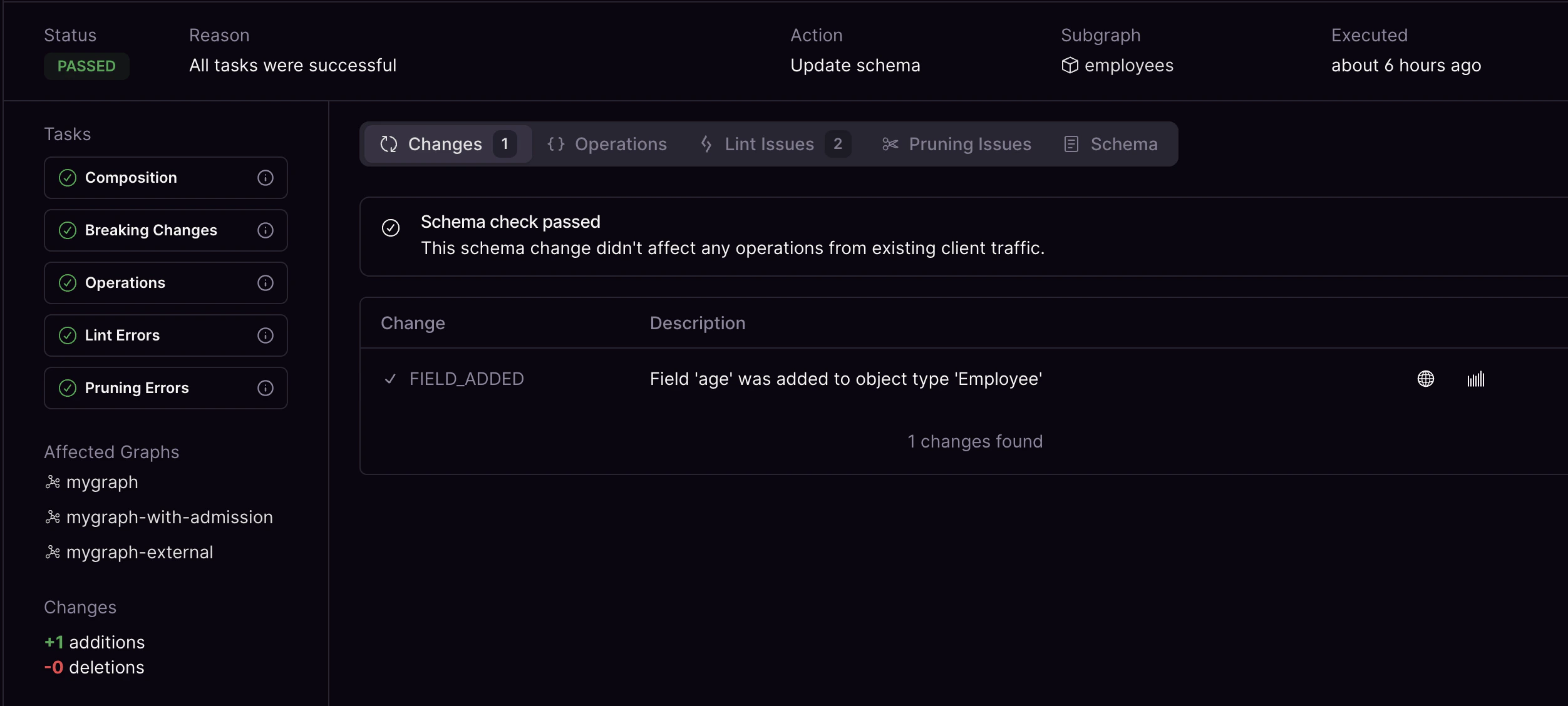 Successful schema update with one addition Cosmo Studio schema check view showing a successful update with one field addition and no deletions.