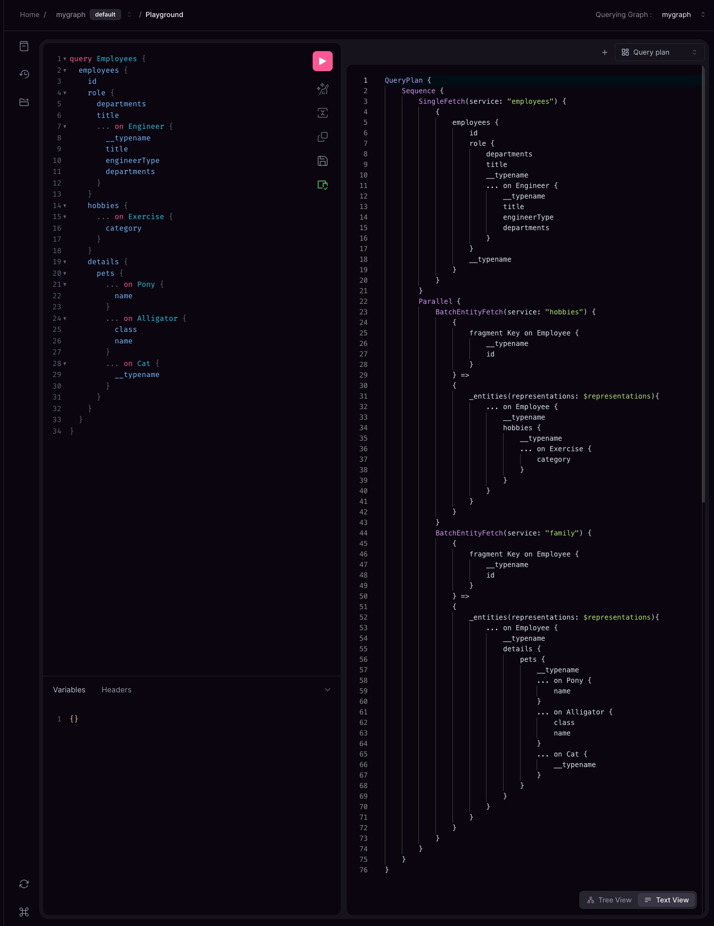 Cosmo Studio Playground displaying a GraphQL query alongside its generated query plan.