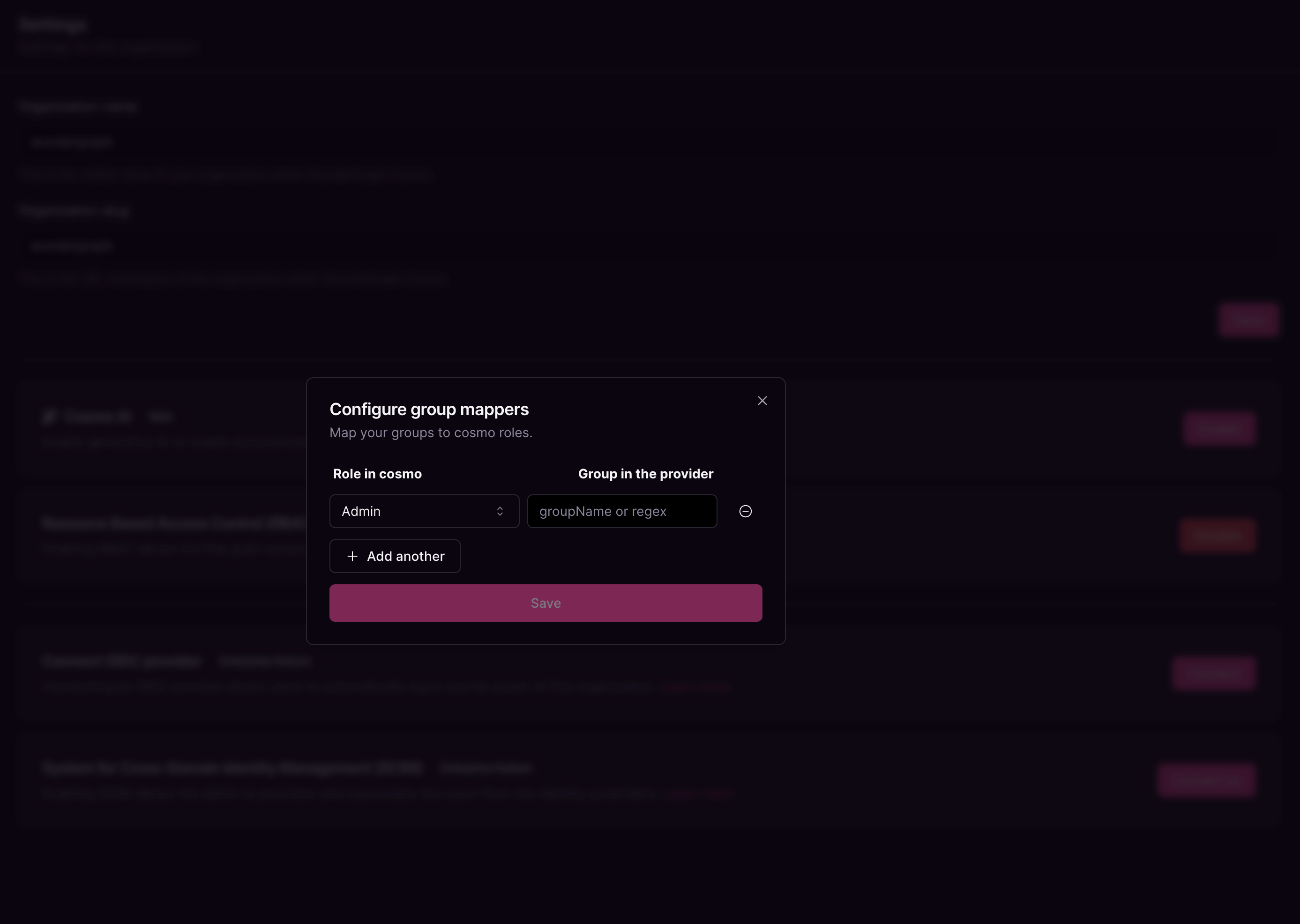 Group-to-role mapping dialog Group mapper configuration dialog linking provider groups to Cosmo roles