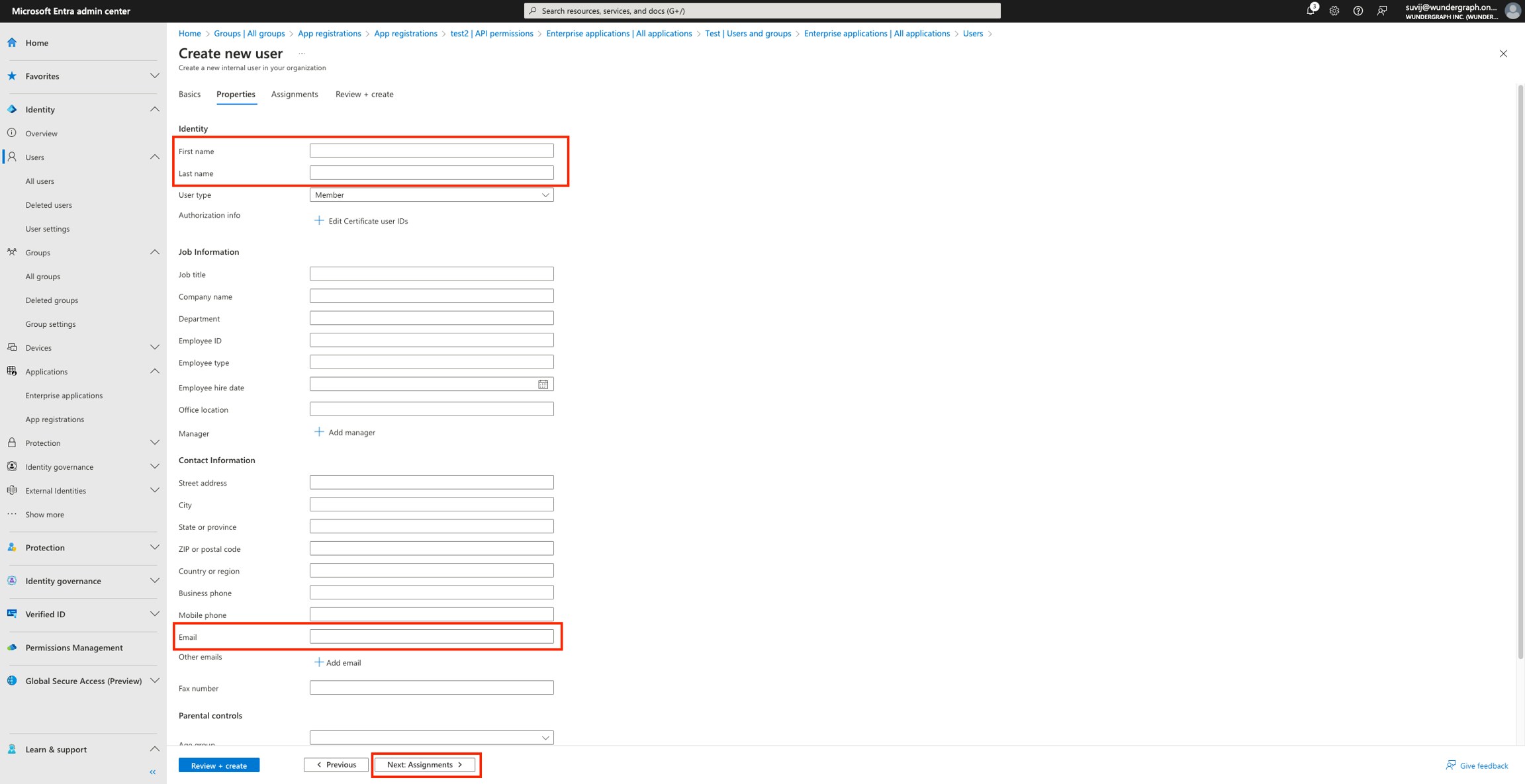 New user creation form in Entra Microsoft Entra Identity section for new user creation with name and email fields