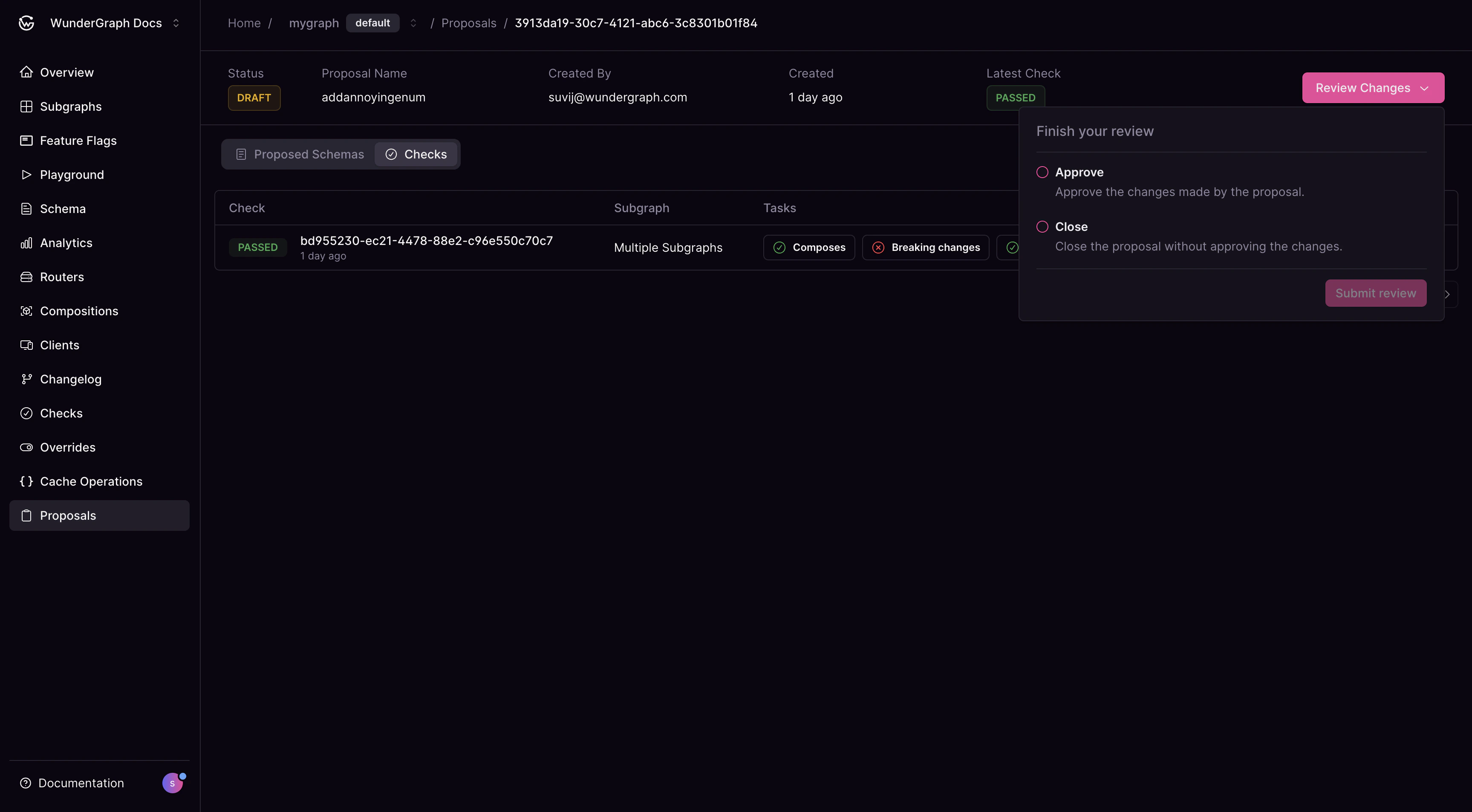 Review changes dialog with approve and close options