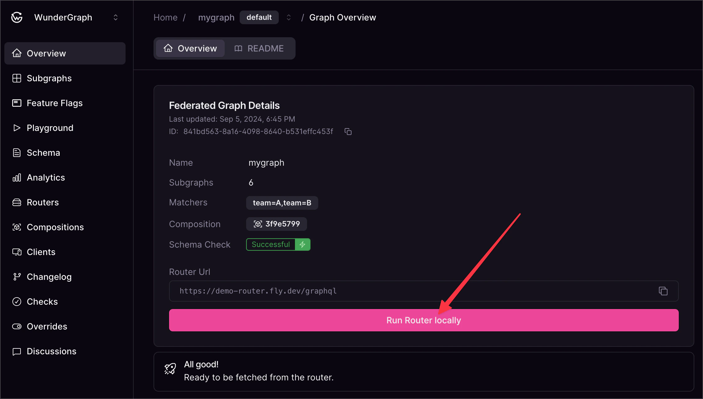 Cosmo dashboard option to run the router locally. Cosmo dashboard showing the Graph Overview page with the “Run Router locally” button highlighted.
