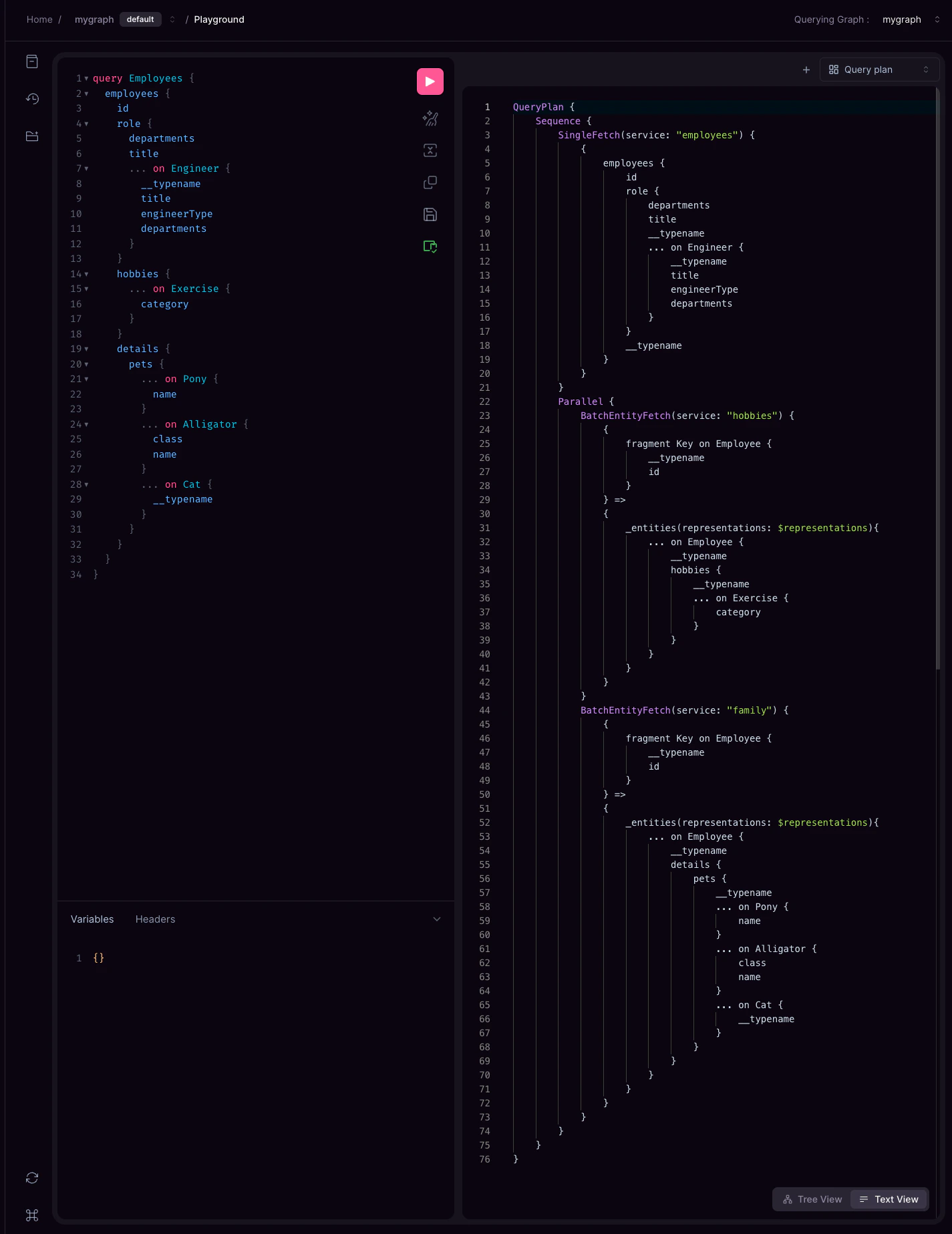 Cosmo Studio Playground displaying a GraphQL query alongside its generated query plan.