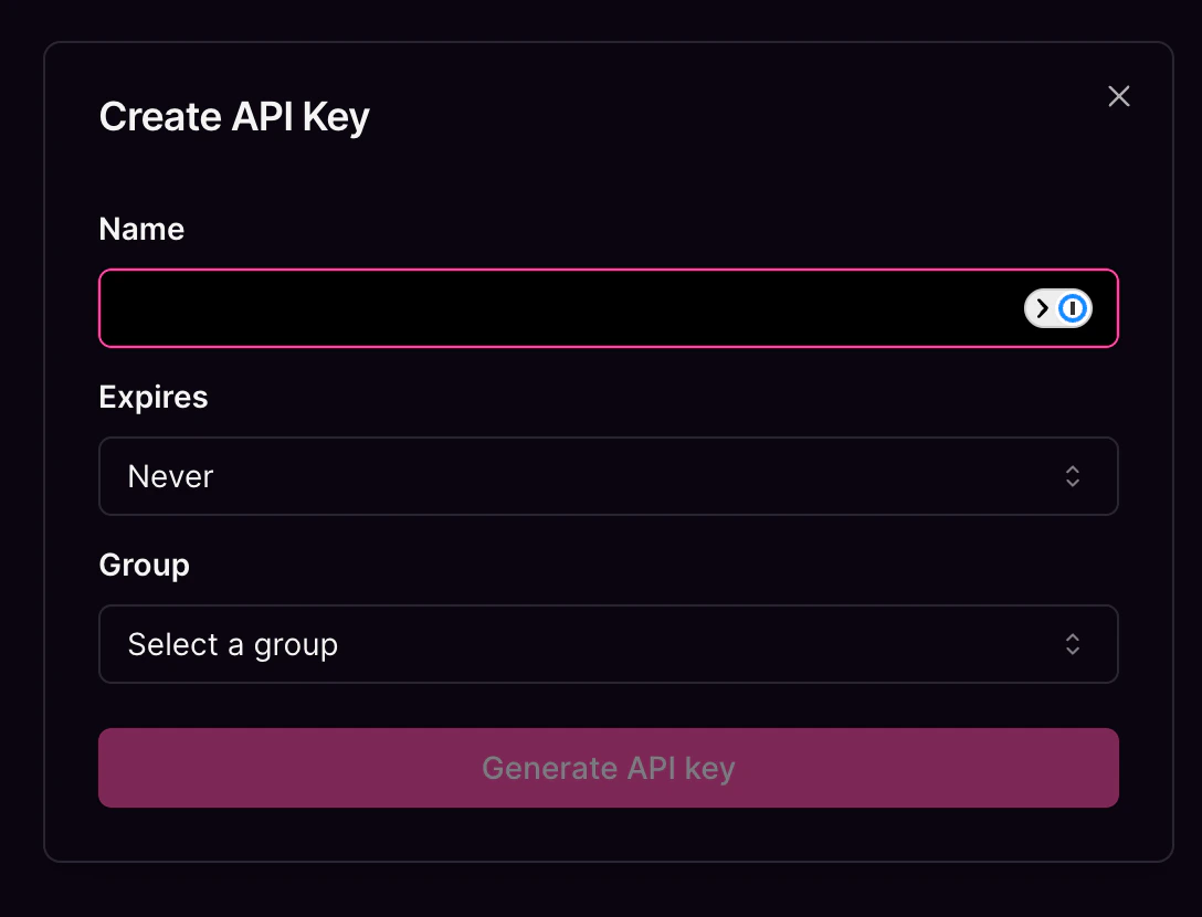 API key creation dialog Create API key dialog with fields for name, expiry, and group selection.