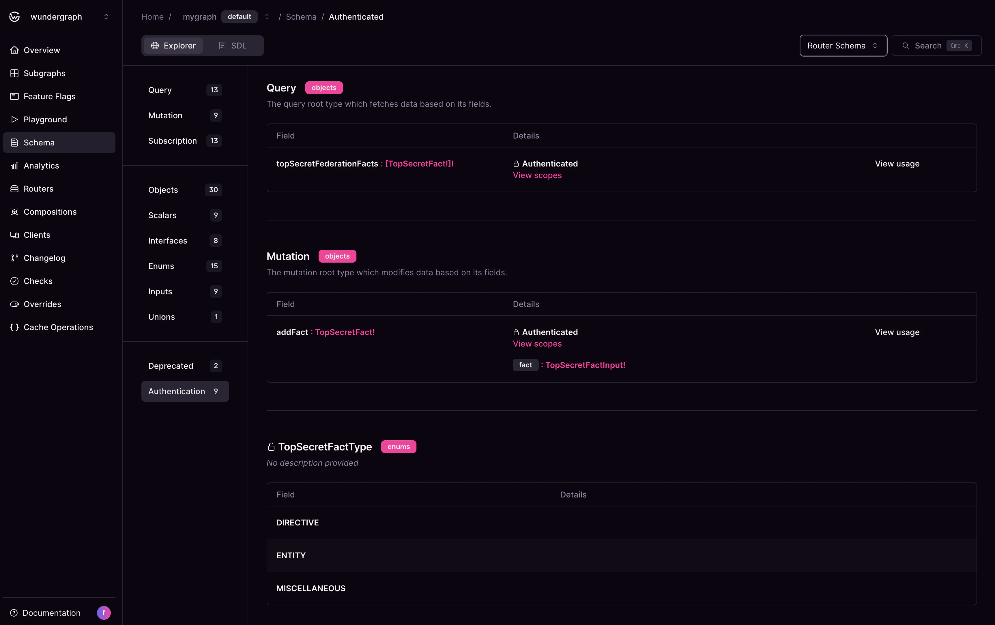 Authenticated types and fields Cosmo Studio view listing authenticated schema fields and types in the router schema.