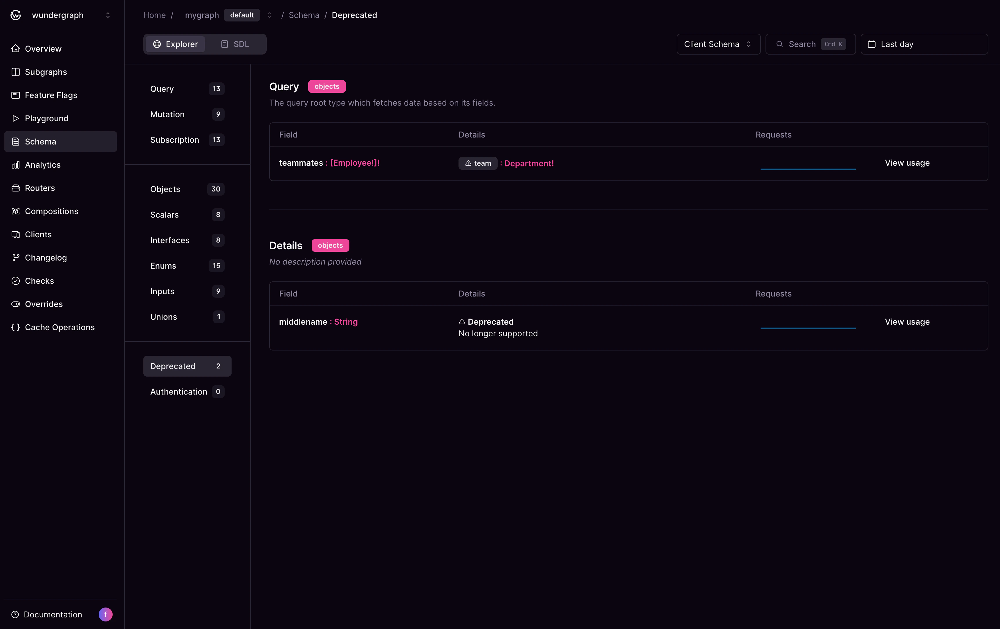Deprecated fields in Cosmo Studio schema explorer Cosmo Studio schema view showing deprecated fields teammates query and middlename string marked as no longer supported.
