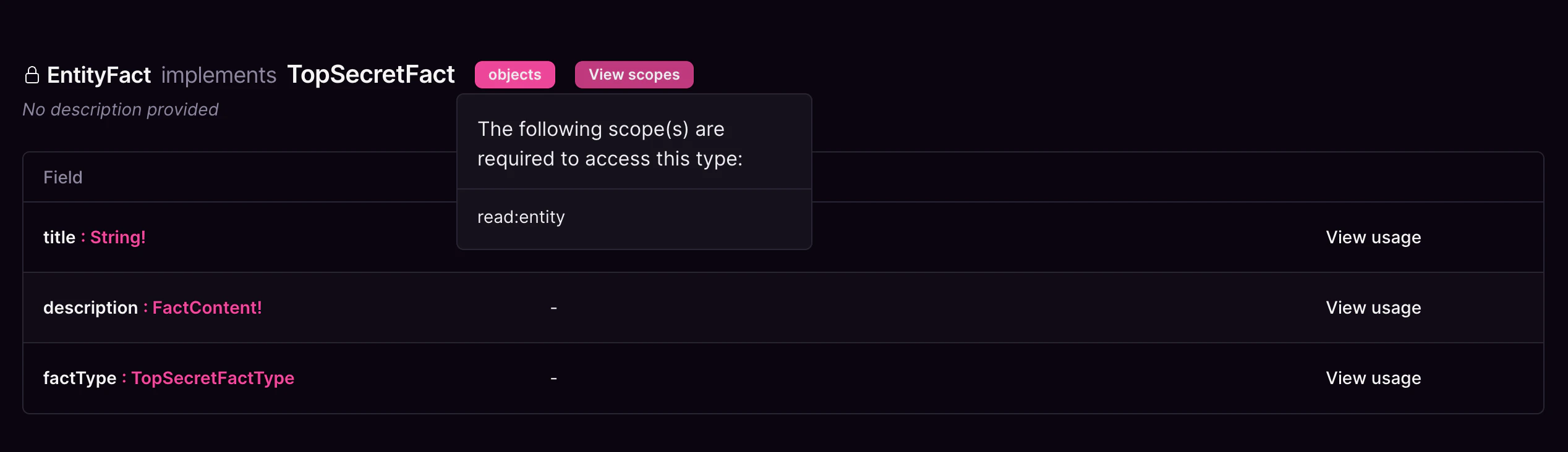 Field details for FactContent type Cosmo Studio field details for FactContent tyspe with read:entity access scope.