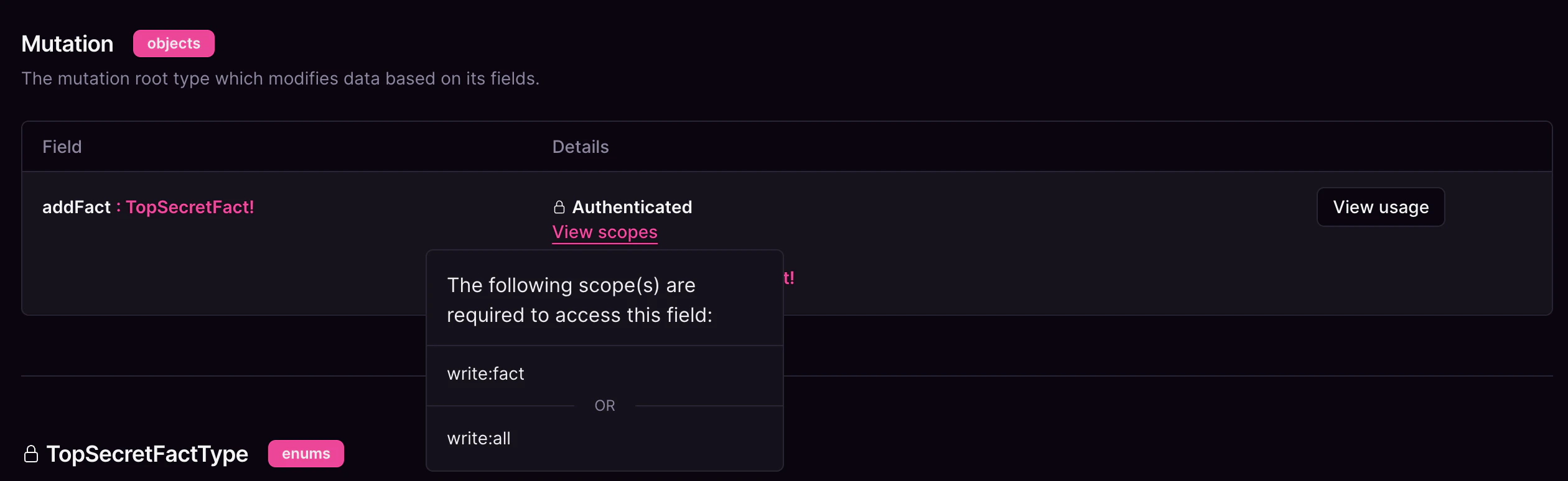 Mutation scopes — addFact Cosmo Studio Mutation view with addFact field requiring authentication scopes write:fact or write:all.