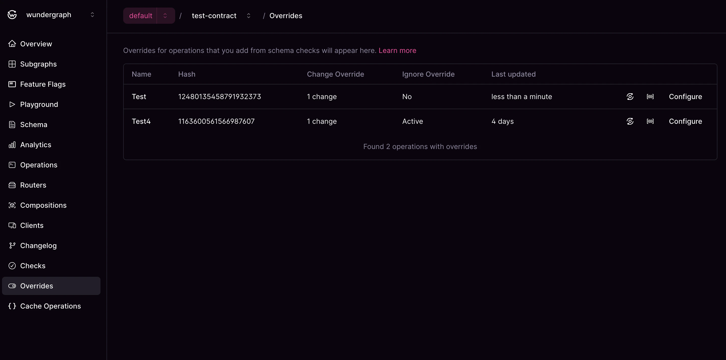 Operations with overrides list Operations with overrides showing change overrides and ignore operation status