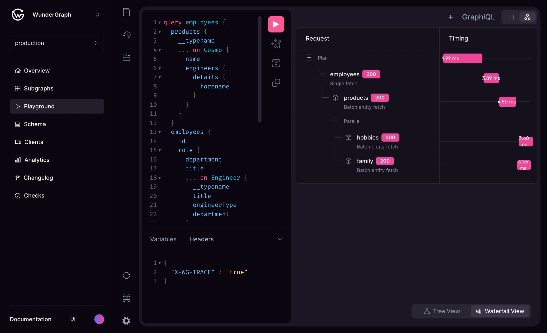 Parallel queries for employees and products GraphiQL playground parallel queries for employees and products with timing visualization