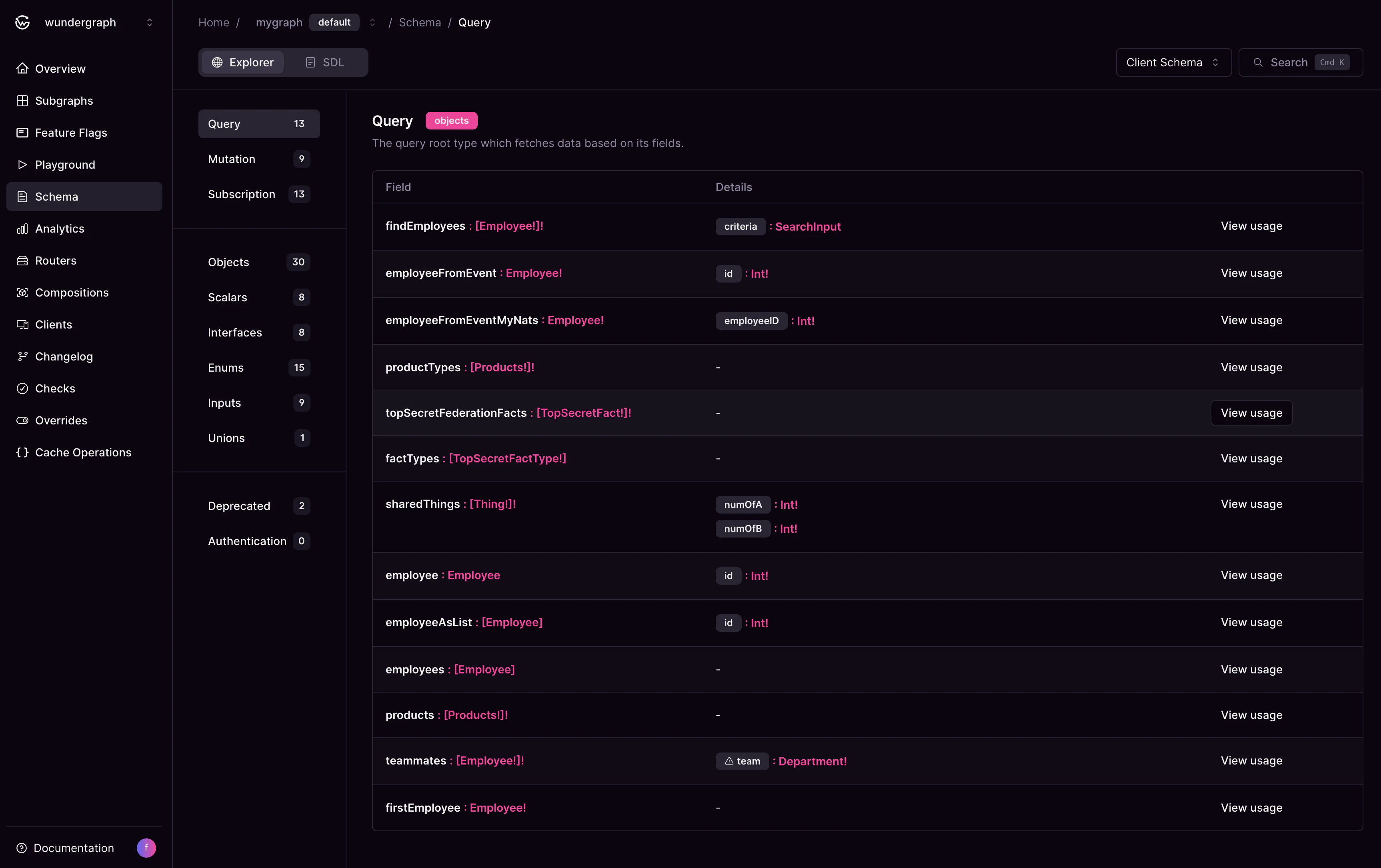 Schema Explorer — Query fields overview Cosmo Studio Schema Explorer displaying the Query root with fields like findEmployees, products, and teammates.
