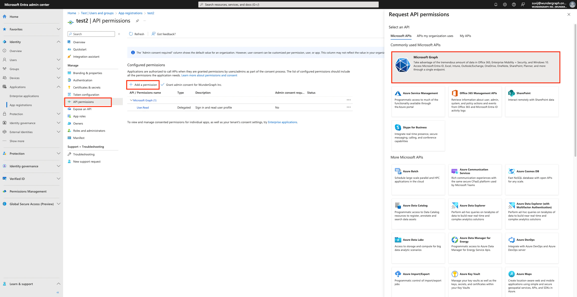 Add Microsoft Graph API permissions Microsoft Entra API permissions section for adding Microsoft Graph API access