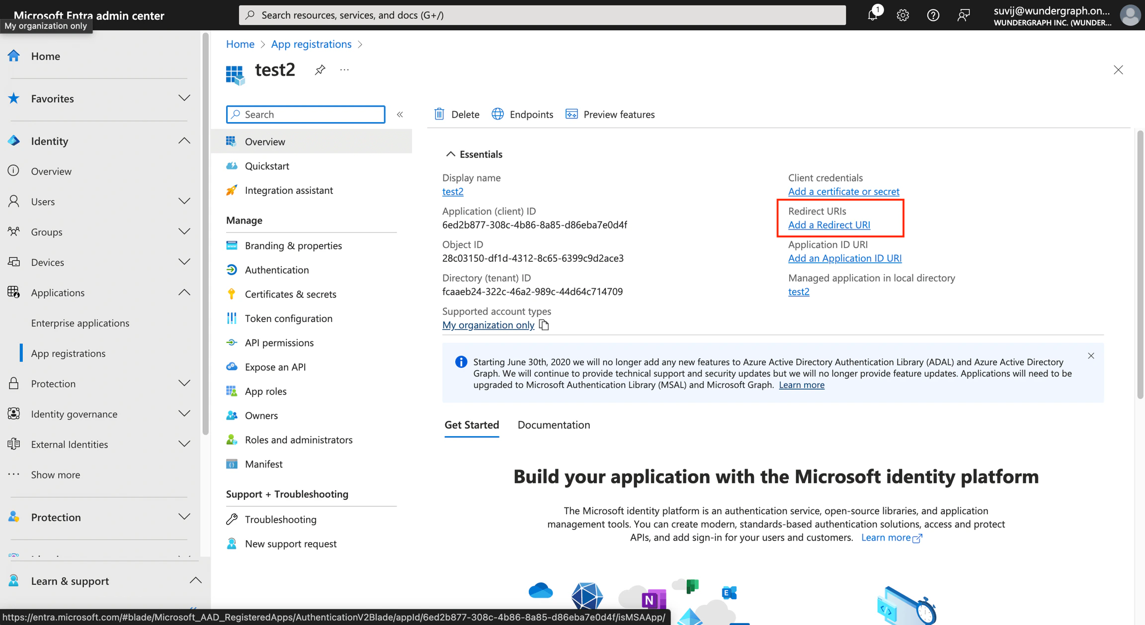 Add Redirect URI in Azure AD registration Azure AD registration page highlighting Add Redirect URI button
